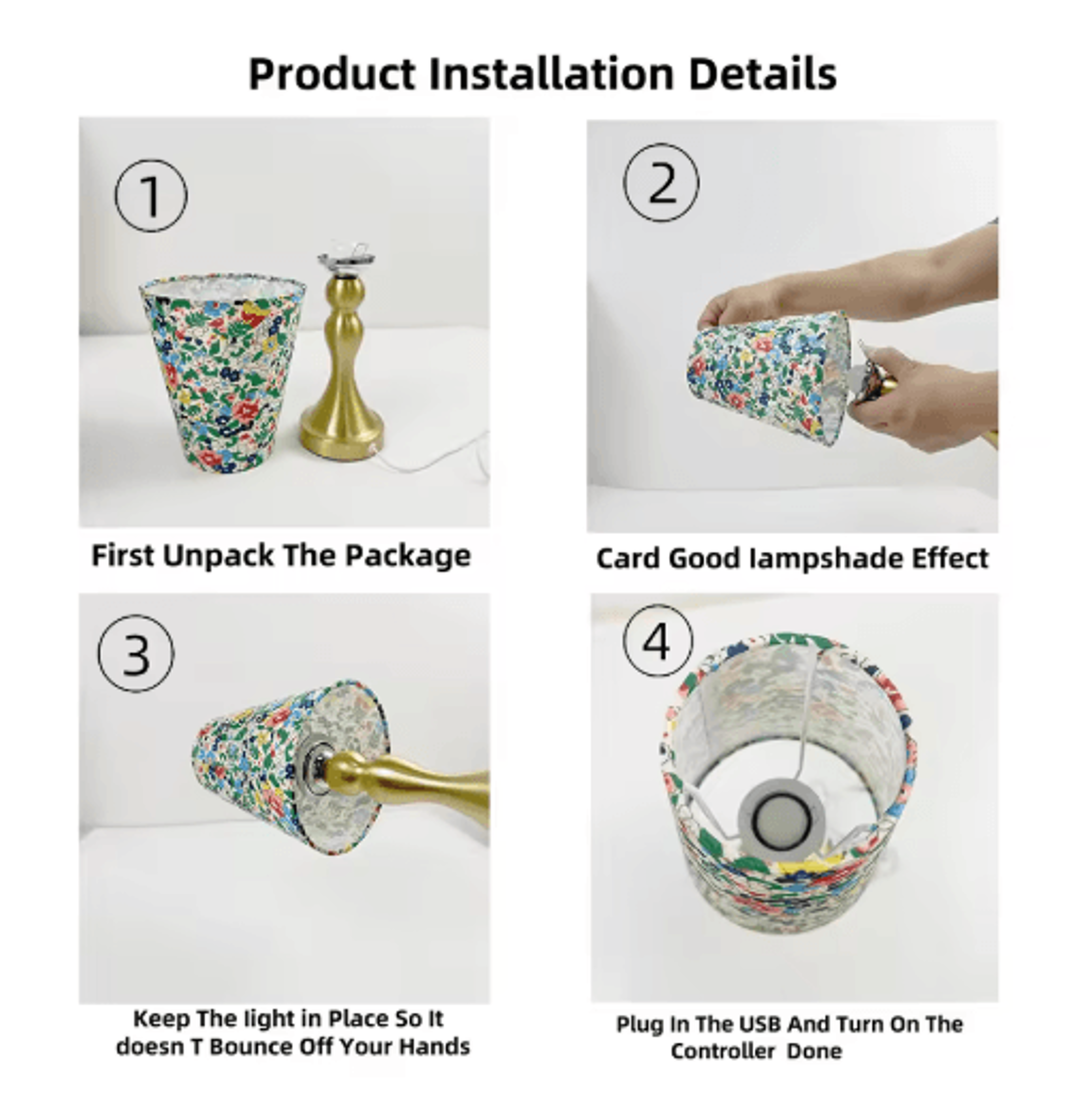 Table Lamp With Golden Base And Floral Fabric Shade USB Powered 3 Tone Dimmable Ambient Light 4