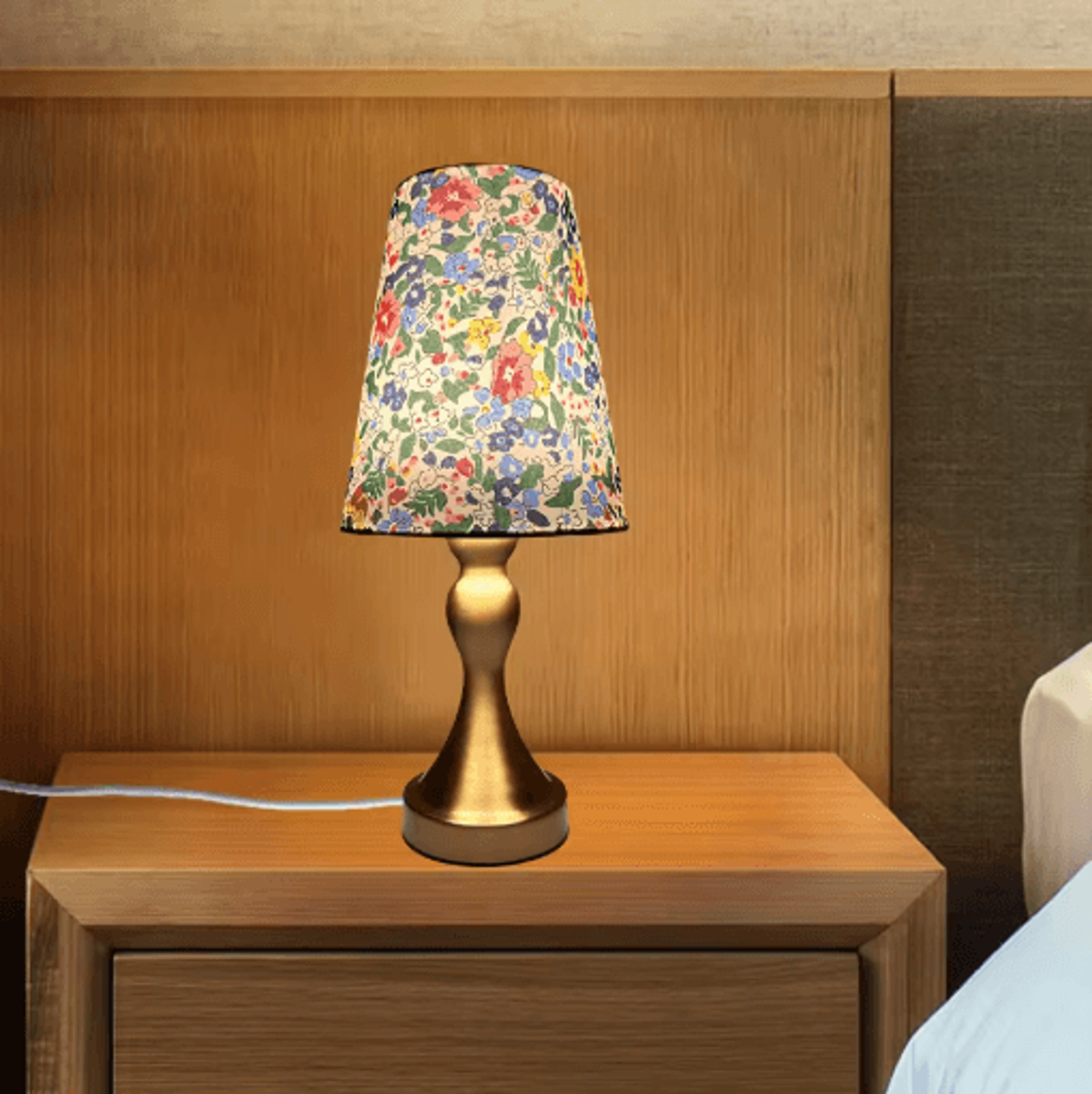 Table Lamp With Golden Base And Floral Fabric Shade USB Powered 3 Tone Dimmable Ambient Light 5