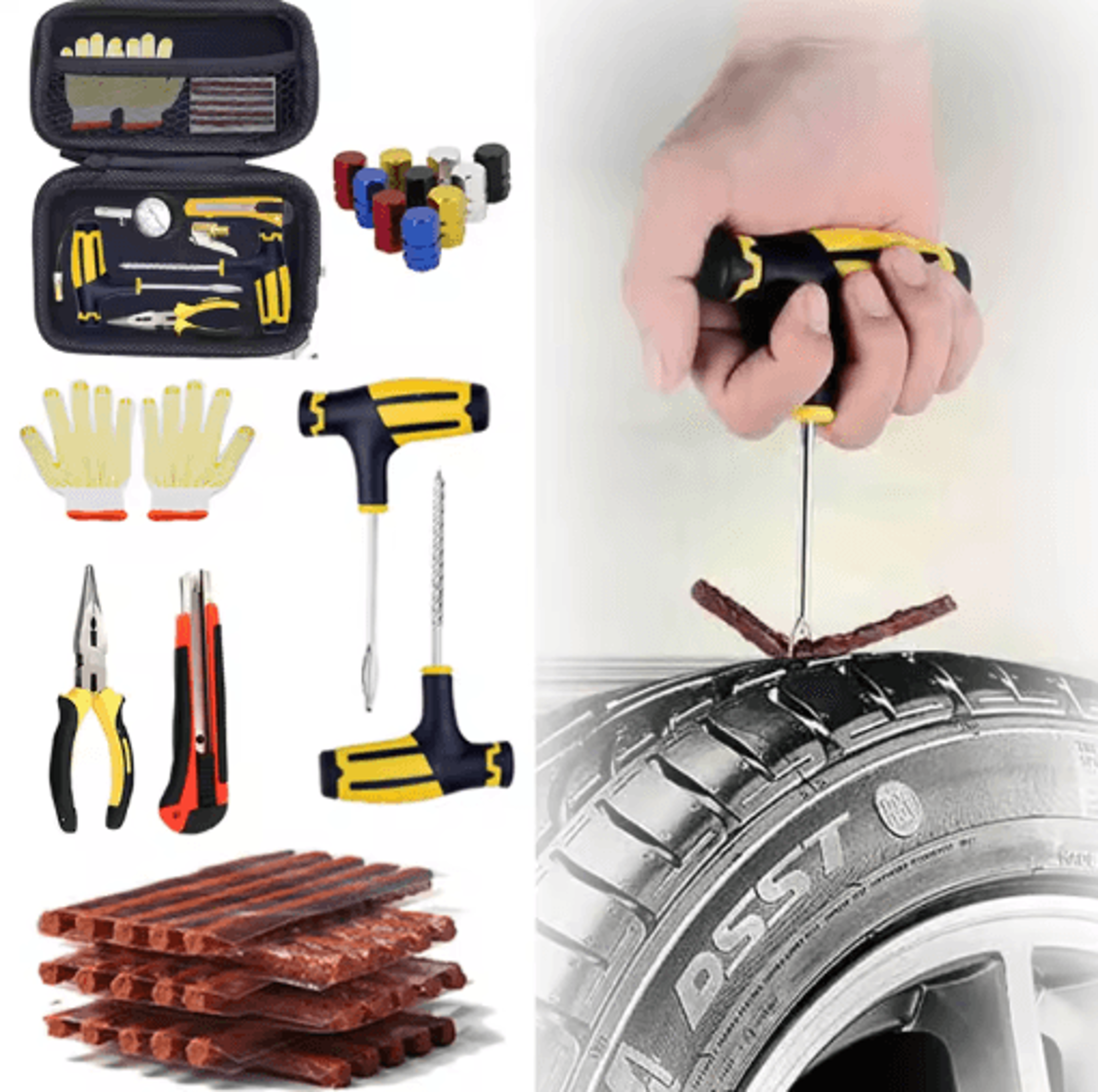 Car Tire Repair Kit With Studding Tool  Rubber Strips  GlueFree Puncture Plug Set 0