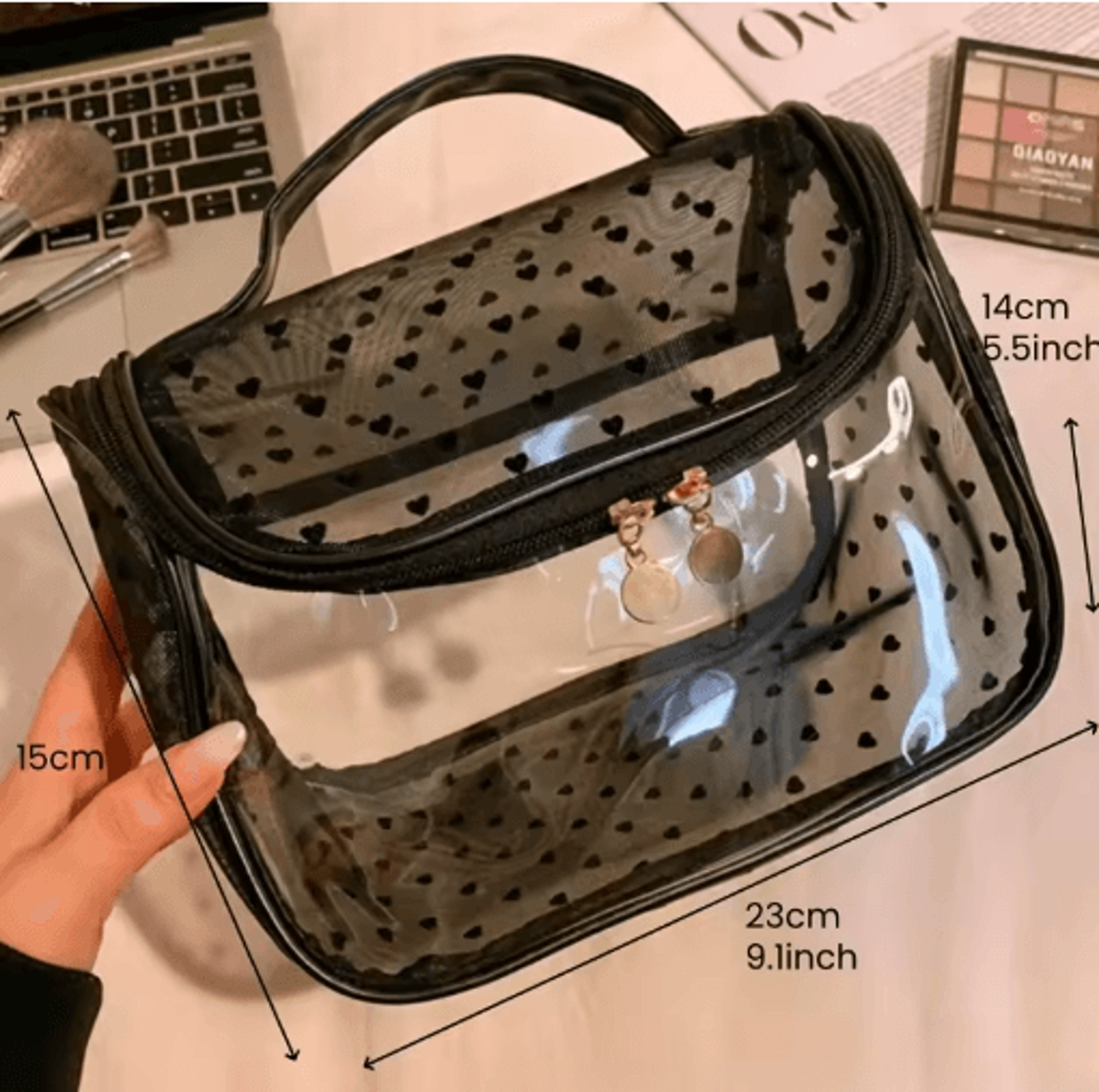LargeCapacity Heart Mesh Makeup Bag  Frosted Transparent Cosmetic Travel Pouch 4