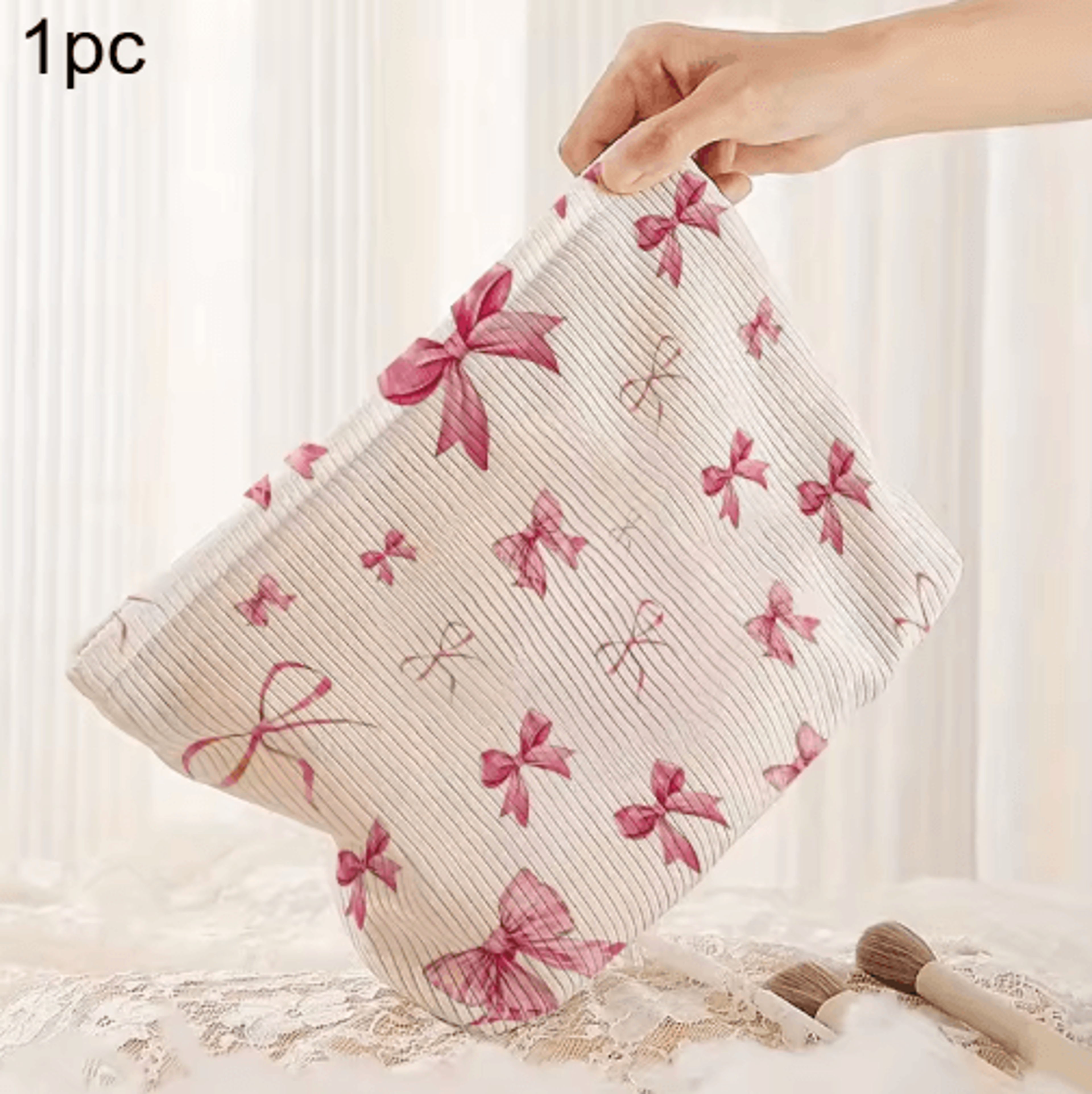 LargeCapacity Corduroy Cosmetic Bag  Bow Print Makeup  Toiletry Organizer 1