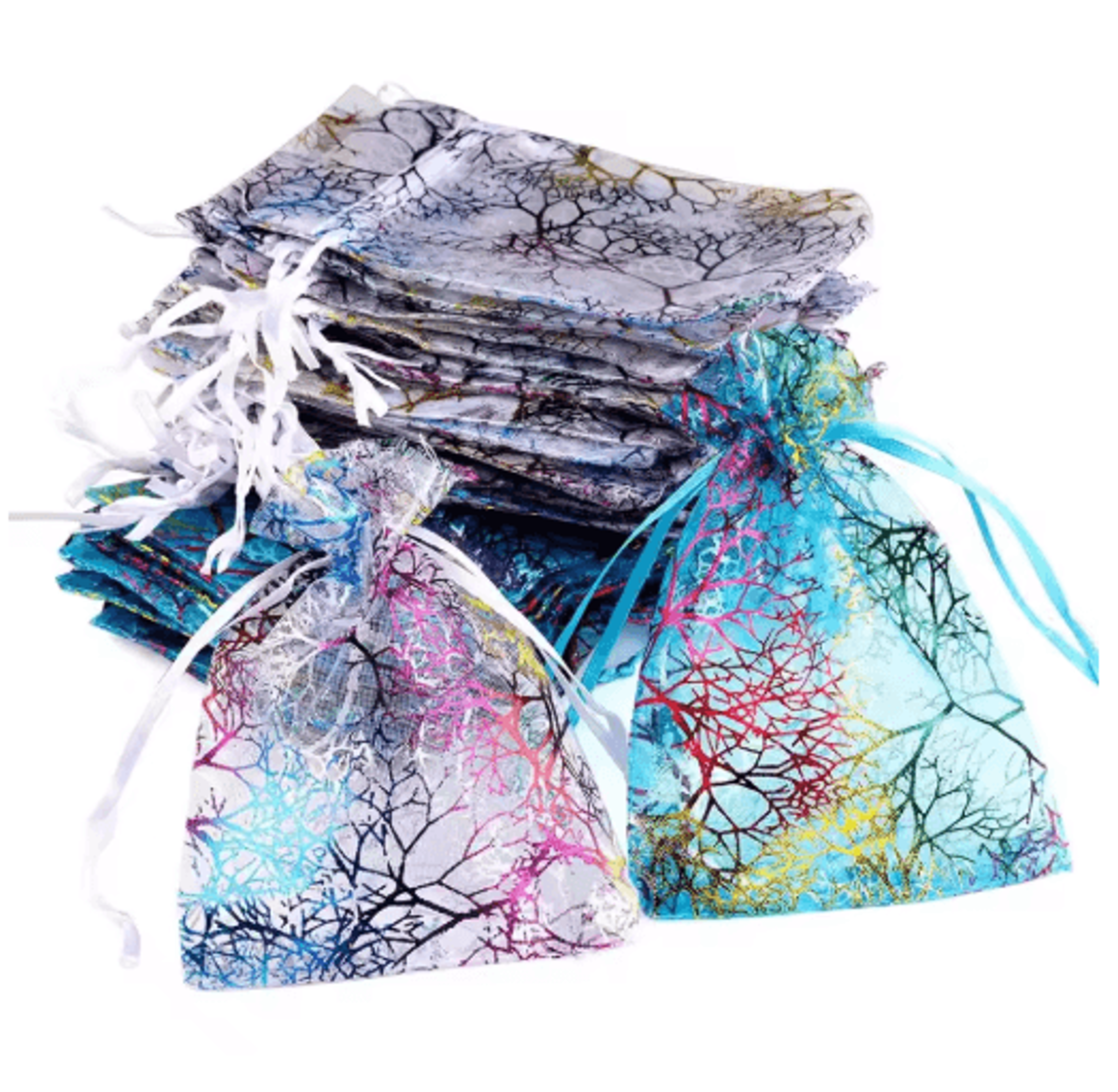 Organza Gift Bags With Drawstring  Colorful Tree Print Jewelry  Party Packaging 100pcs 1