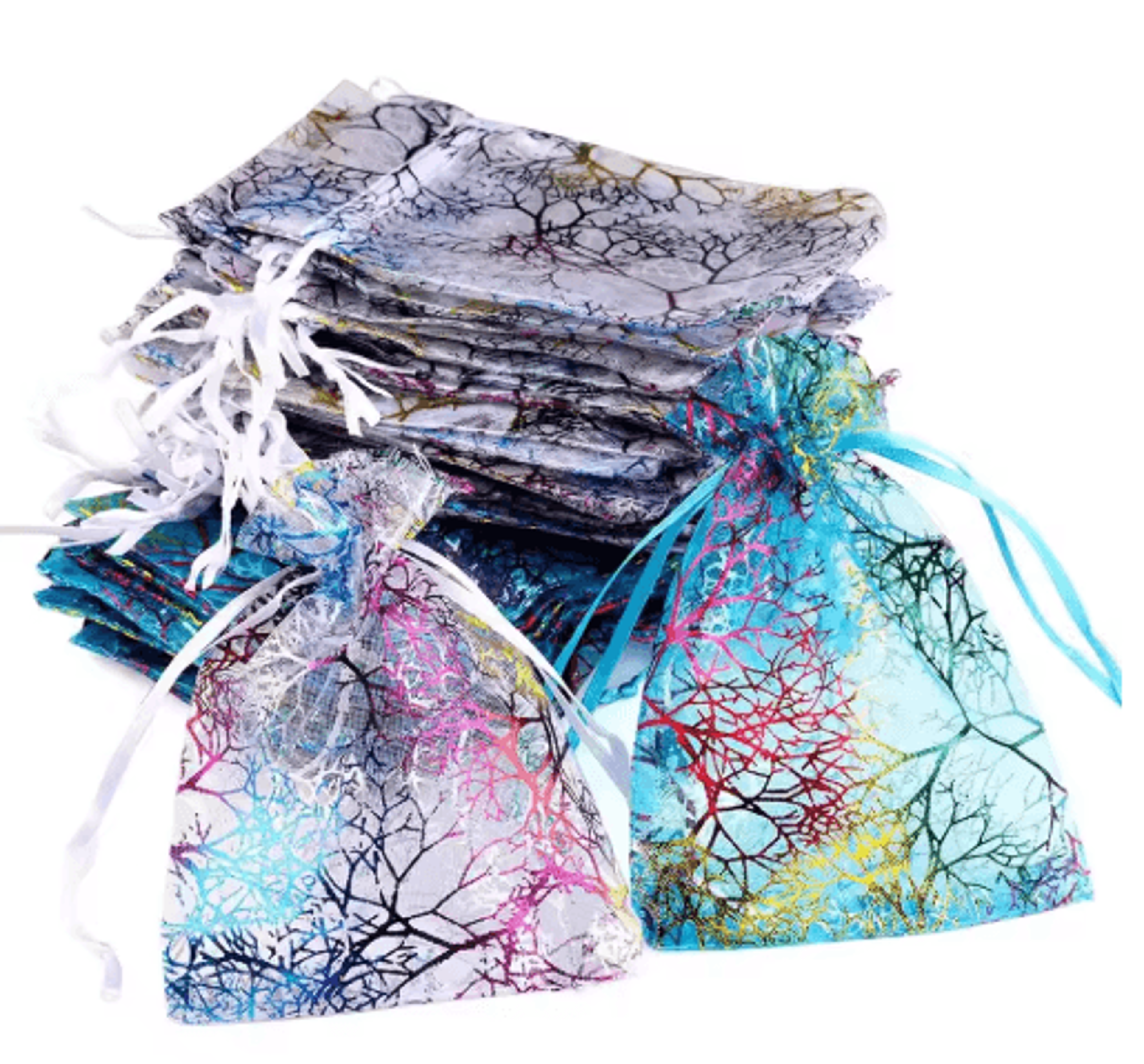 Organza Gift Bags With Drawstring  Colorful Tree Print Jewelry  Party Packaging 100pcs 0