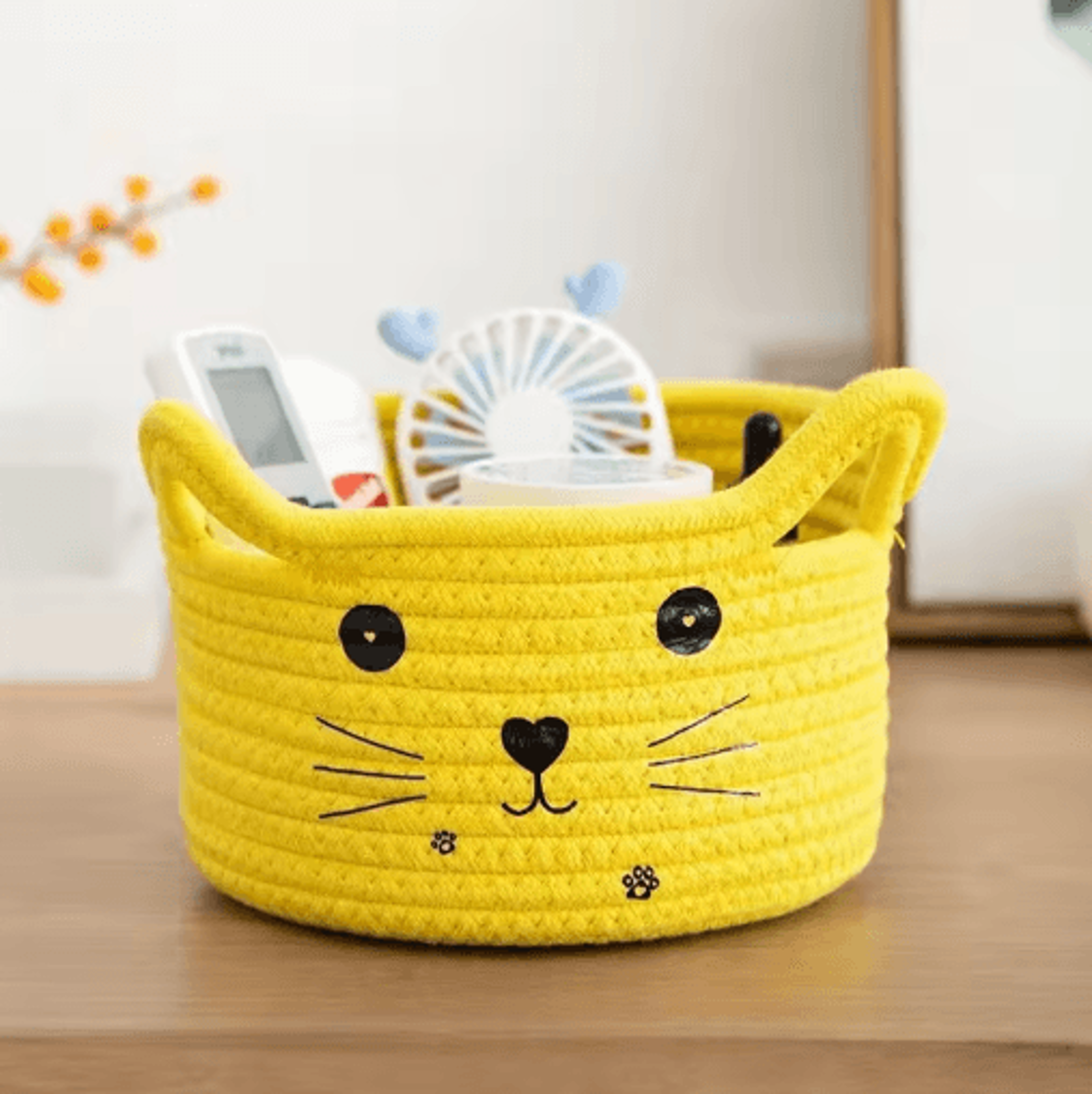 Cat Face Woven Cotton Storage Basket  Cute Home Organizer For Toys Clothes  Pet Supplies 3