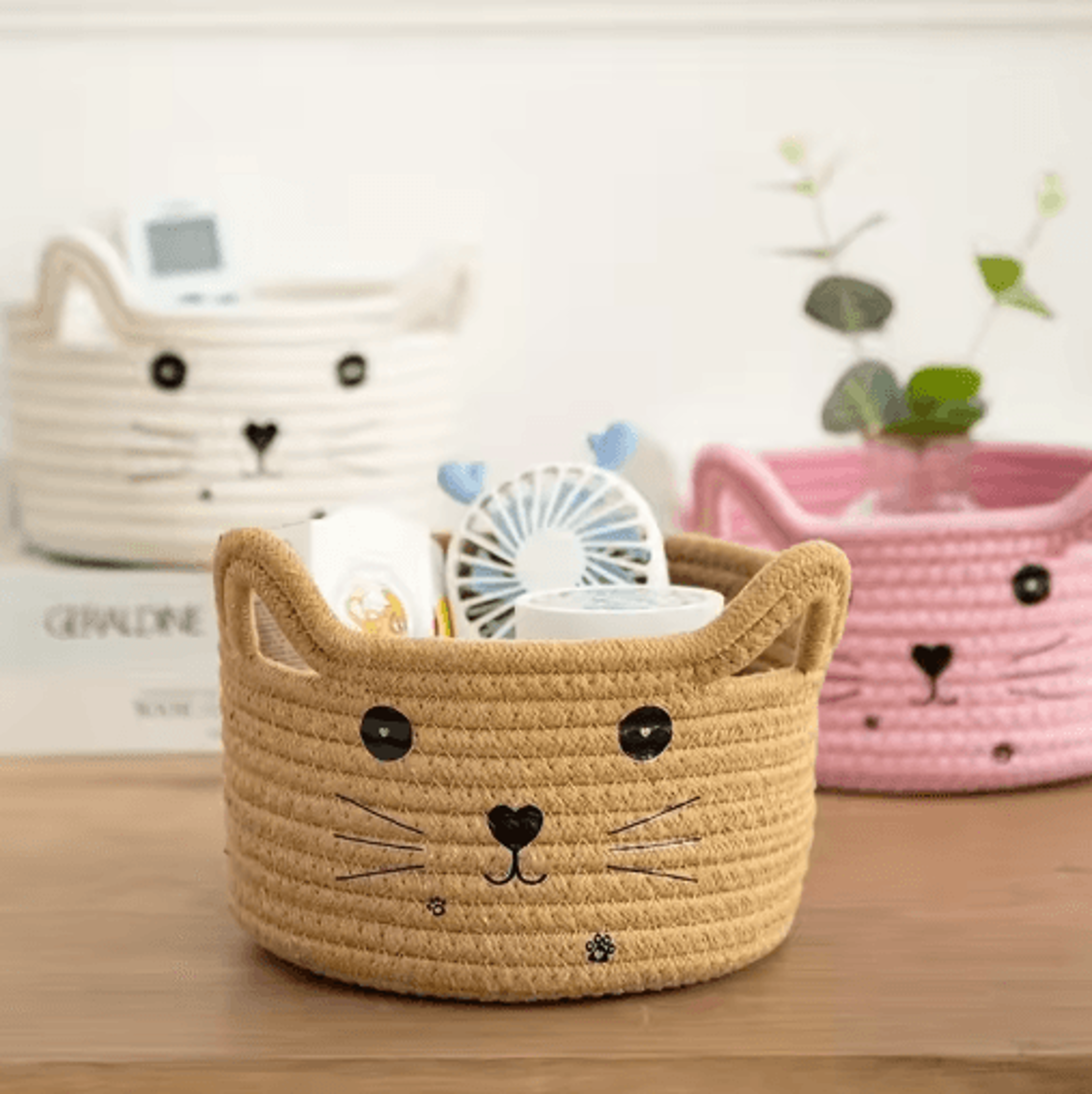 Cat Face Woven Cotton Storage Basket  Cute Home Organizer For Toys Clothes  Pet Supplies 10