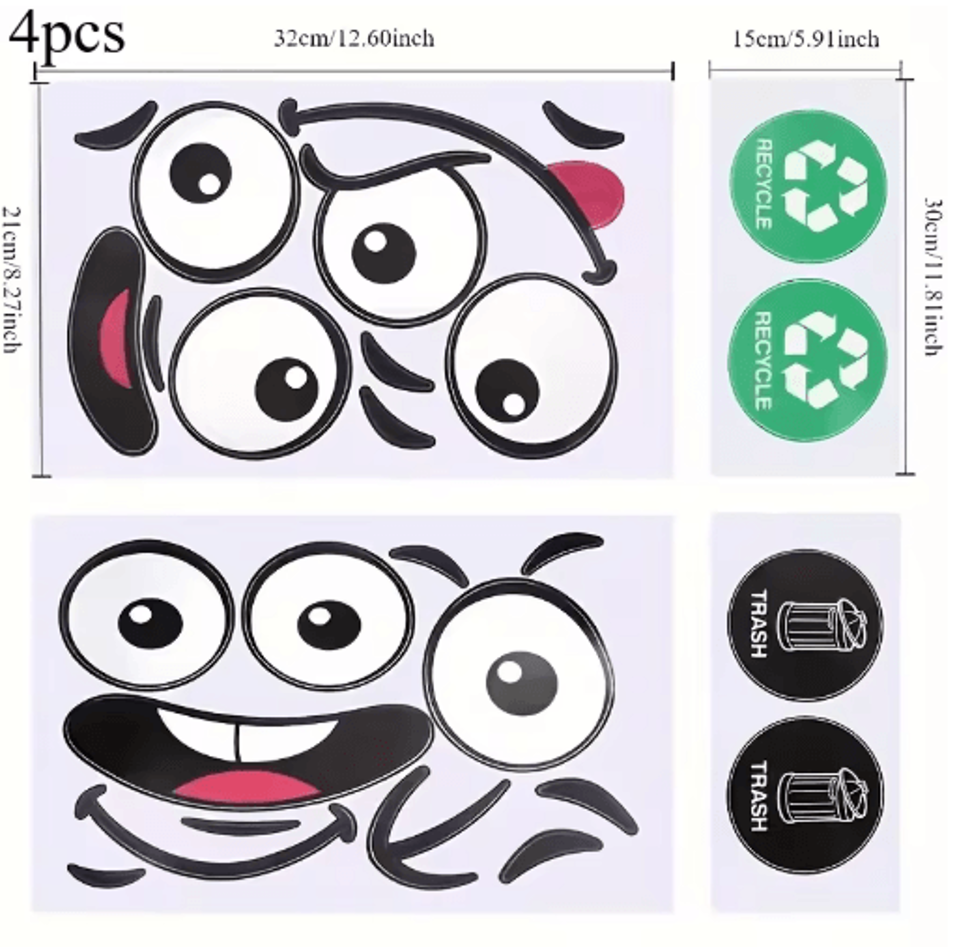 4Piece Cartoon Face Trash Can Stickers  Fun Waterproof PVC Decals For Home Decor 1