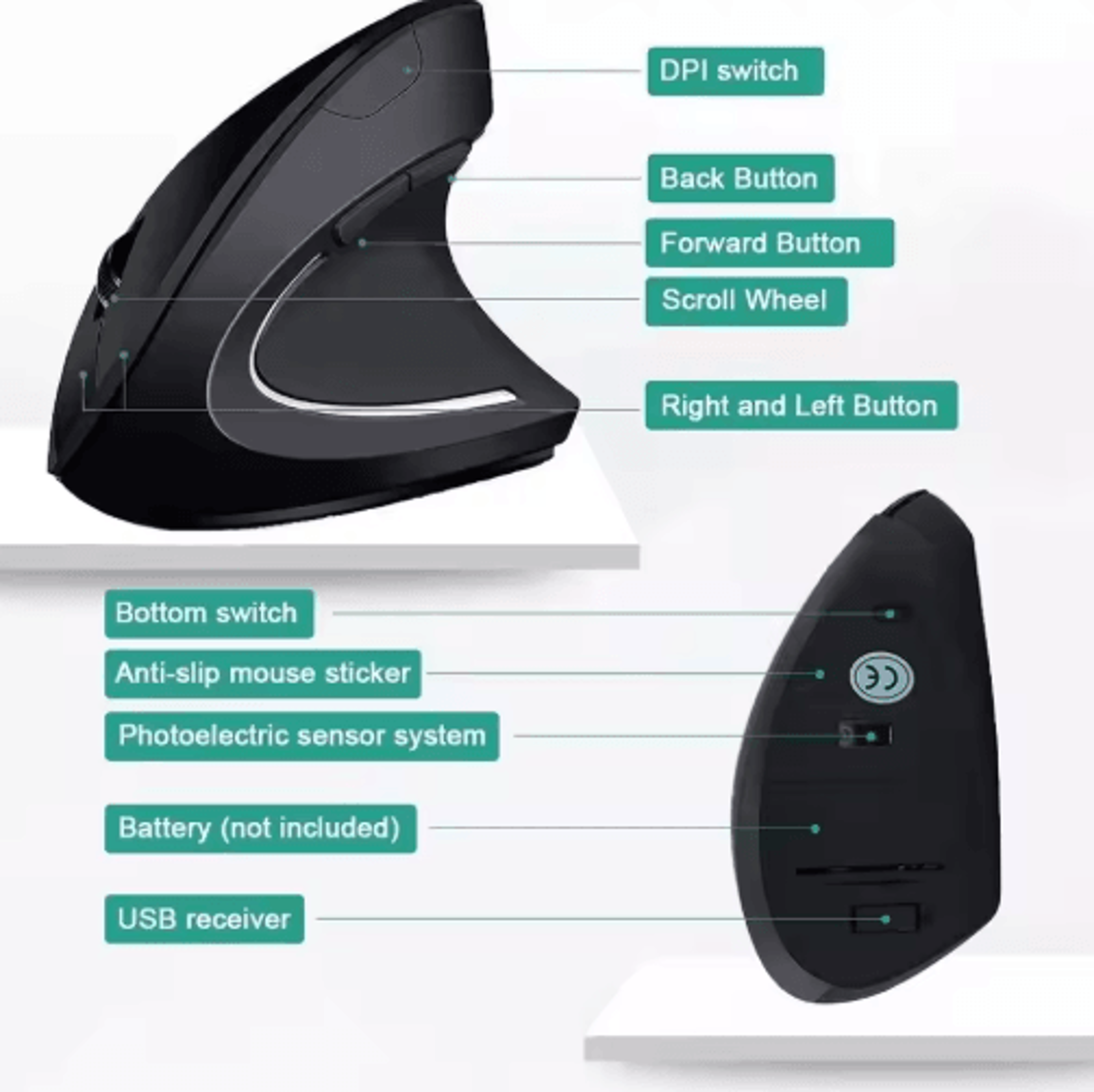 Ergonomic Vertical Mouse  DualMode Wireless Bluetooth Silent Mouse 1600 DPI 6