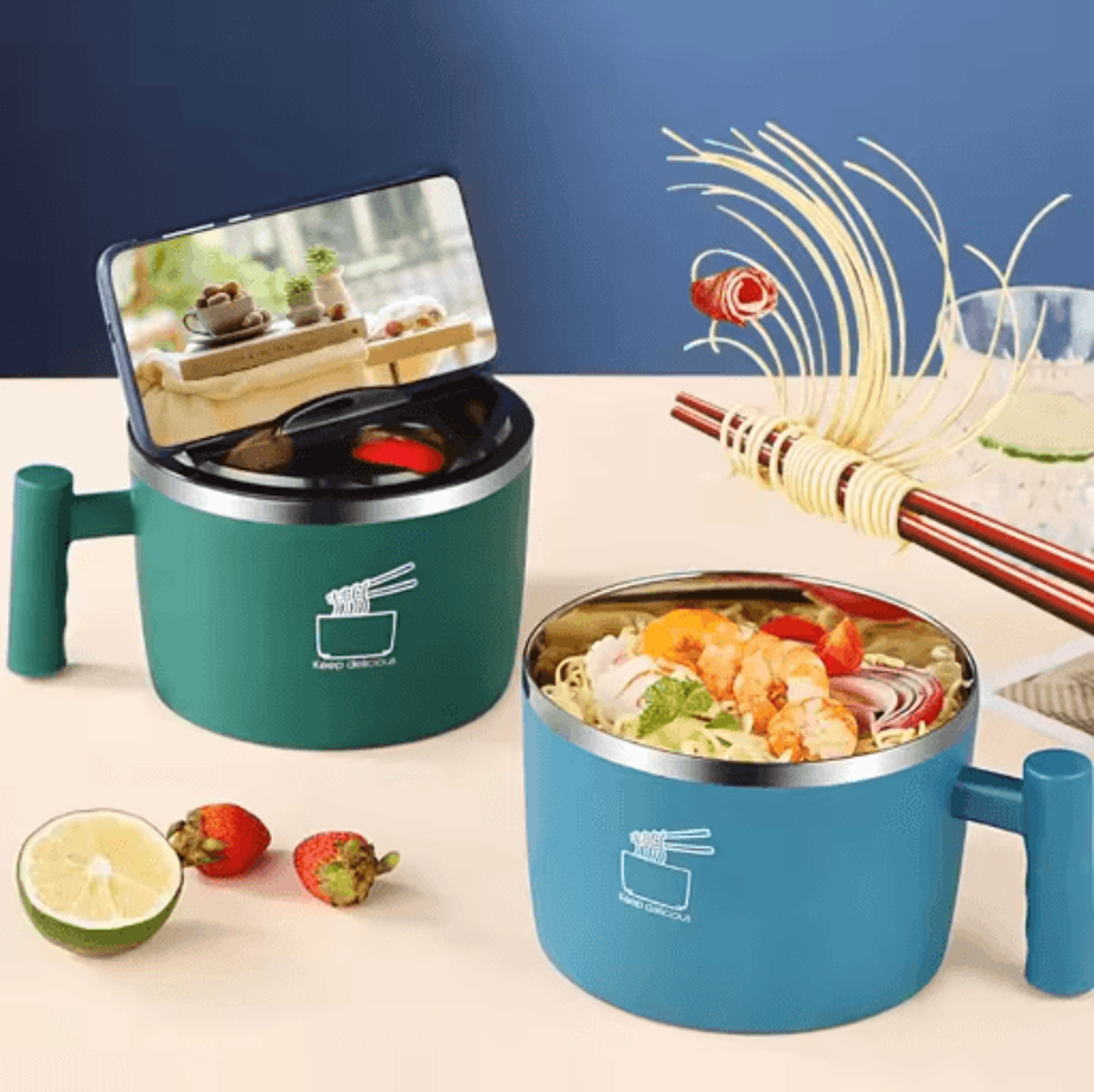 Stainless Steel Instant Noodle Bowl With Lid And Drain Portable Sealed Heat Safe 5