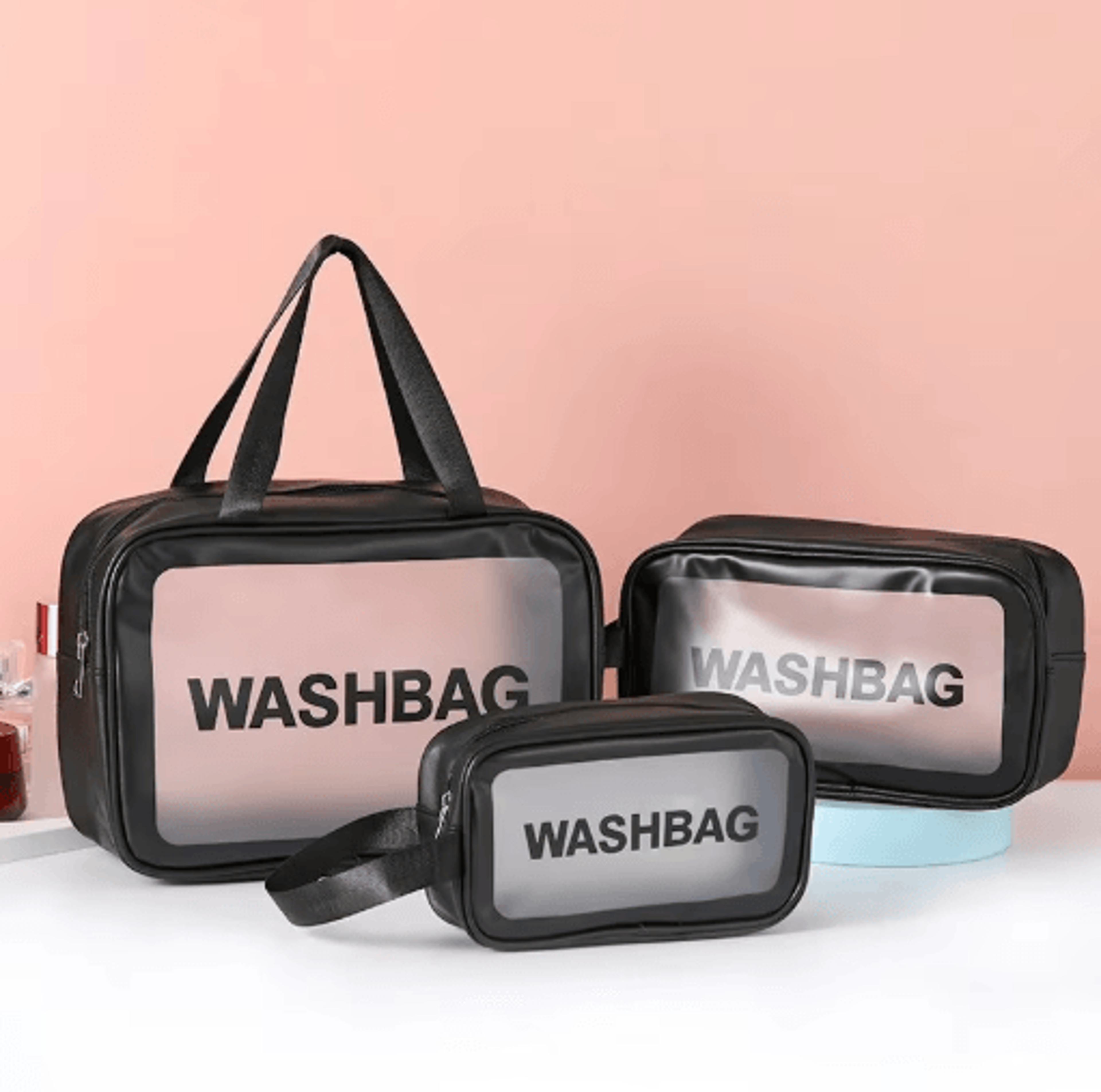 3 Piece PU Transparent Makeup And Toiletry Bag Set Large Capacity Frosted PVC Organizer 0