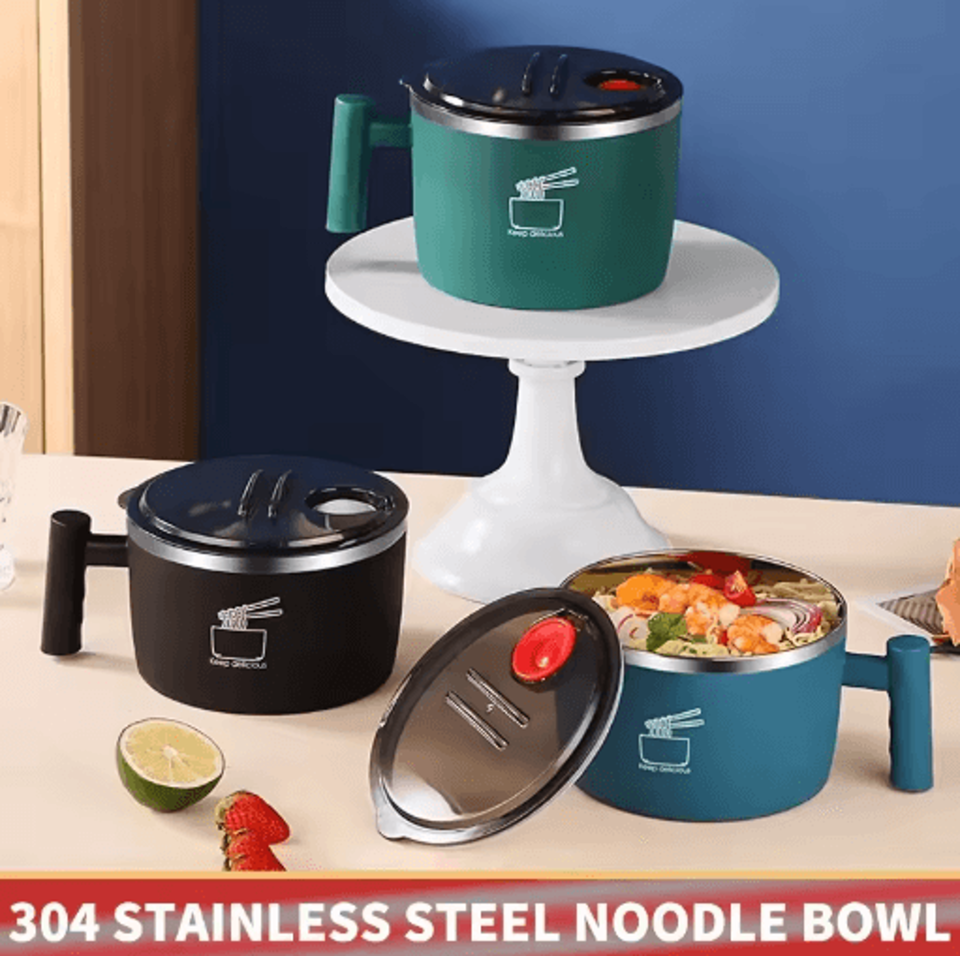 Stainless Steel Instant Noodle Bowl With Lid Sealed Portable Drain Bowl 6