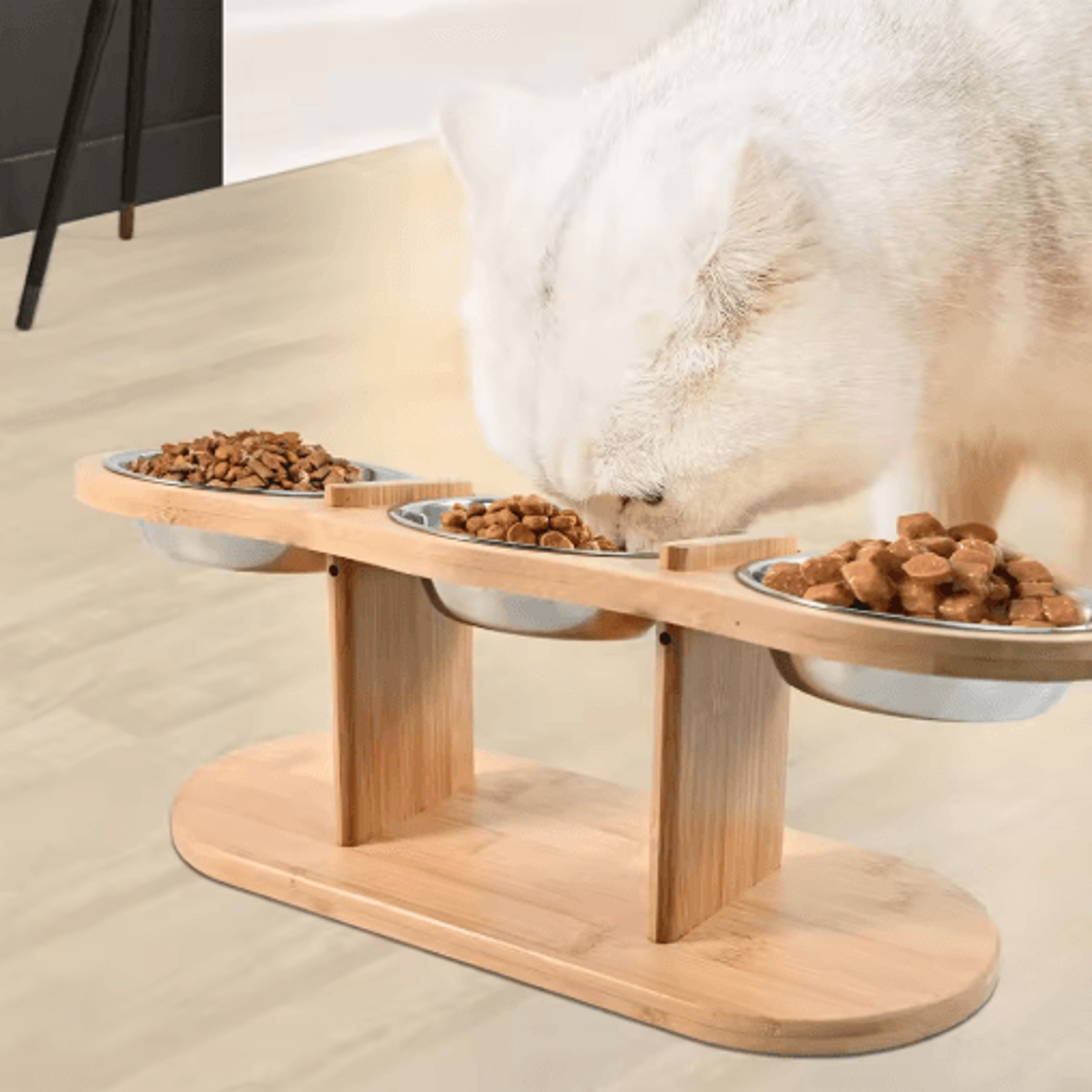 Raised Cat Feeder With 3 Stainless Steel Bowls 15 Ergonomic Wooden Feeding  Watering Station 0