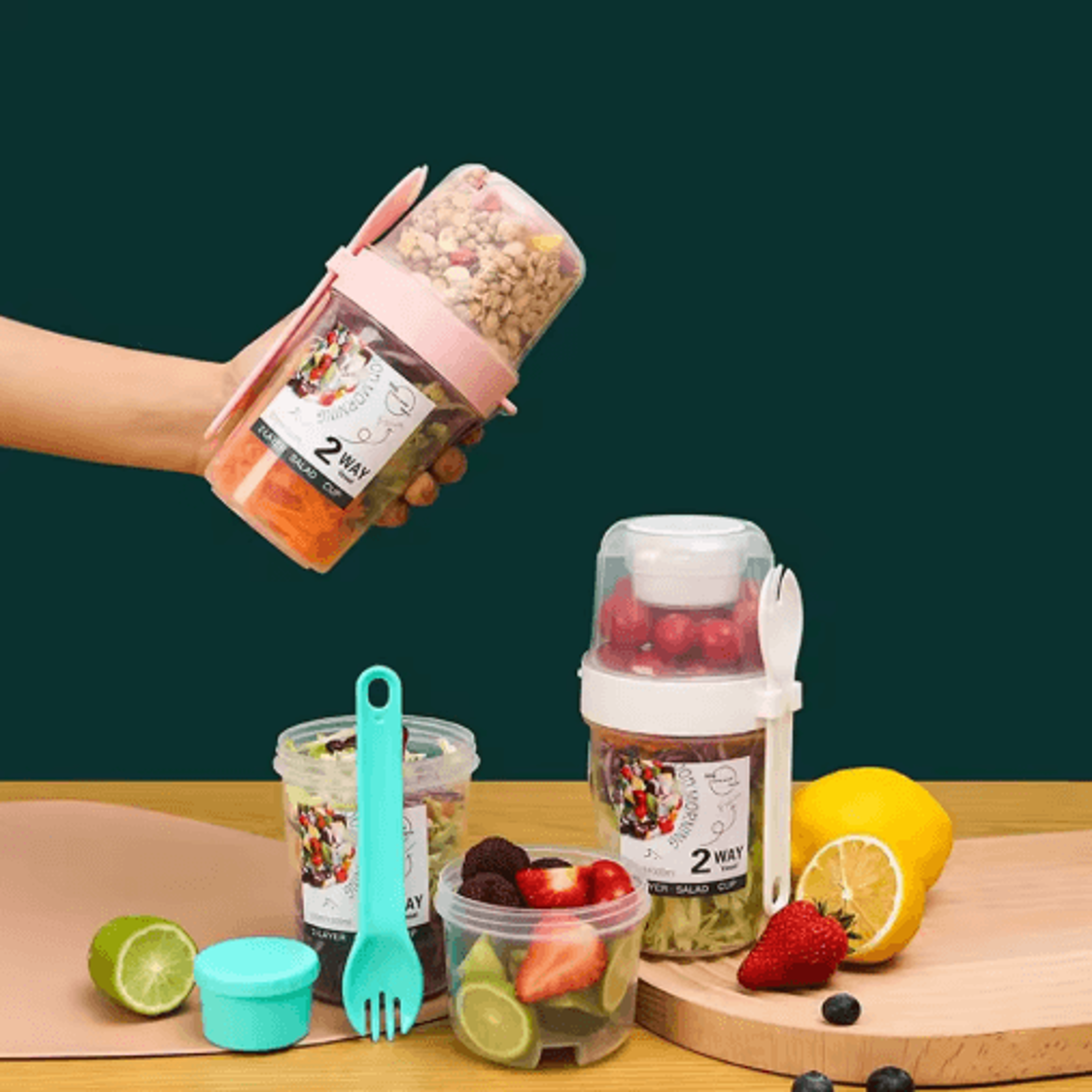 Portable TwoLayer Breakfast  Salad Cup With Fork Oatmeal Yogurt  Bento Lunch Container 8