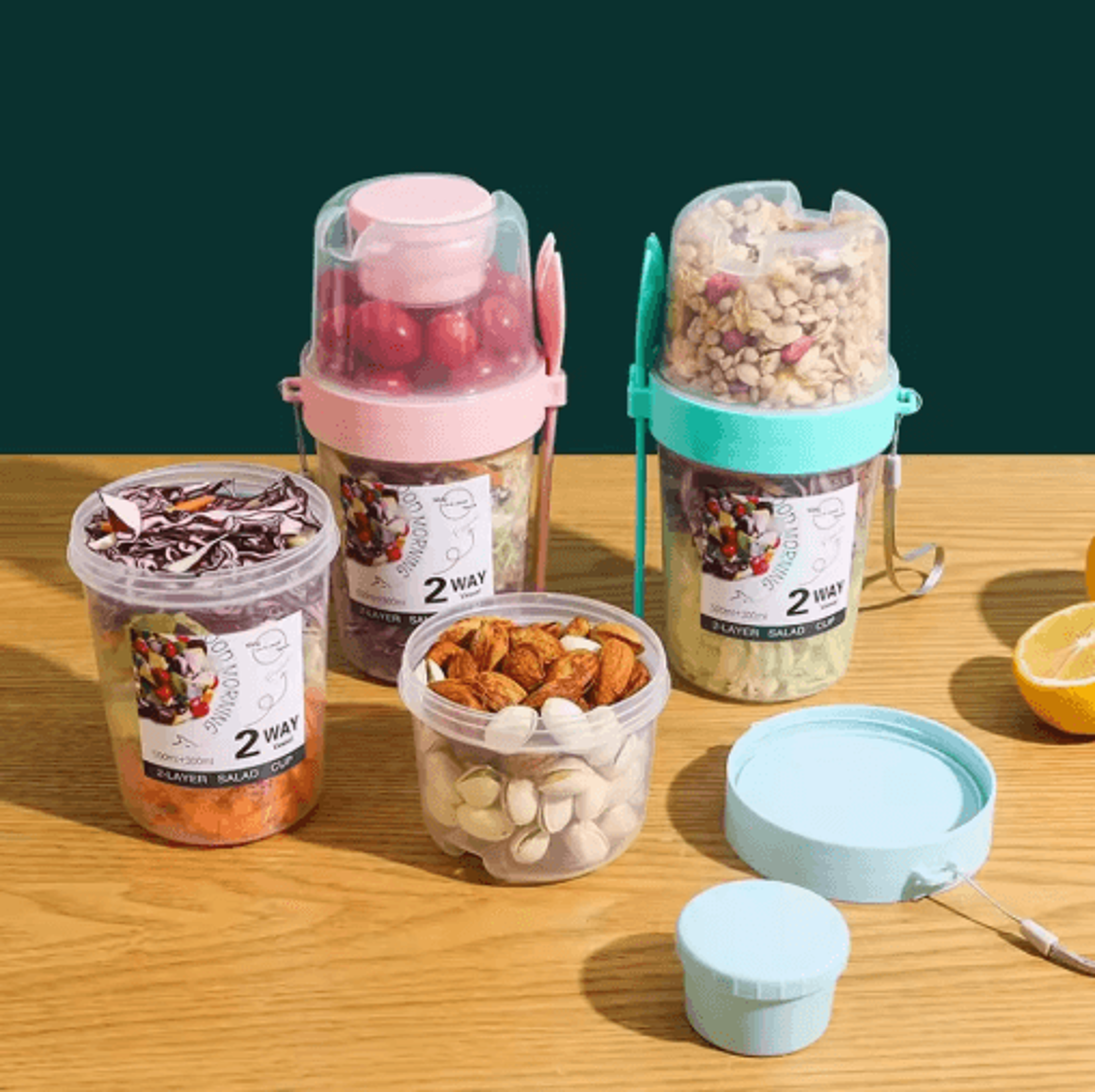 Portable TwoLayer Breakfast  Salad Cup With Fork Oatmeal Yogurt  Bento Lunch Container 0