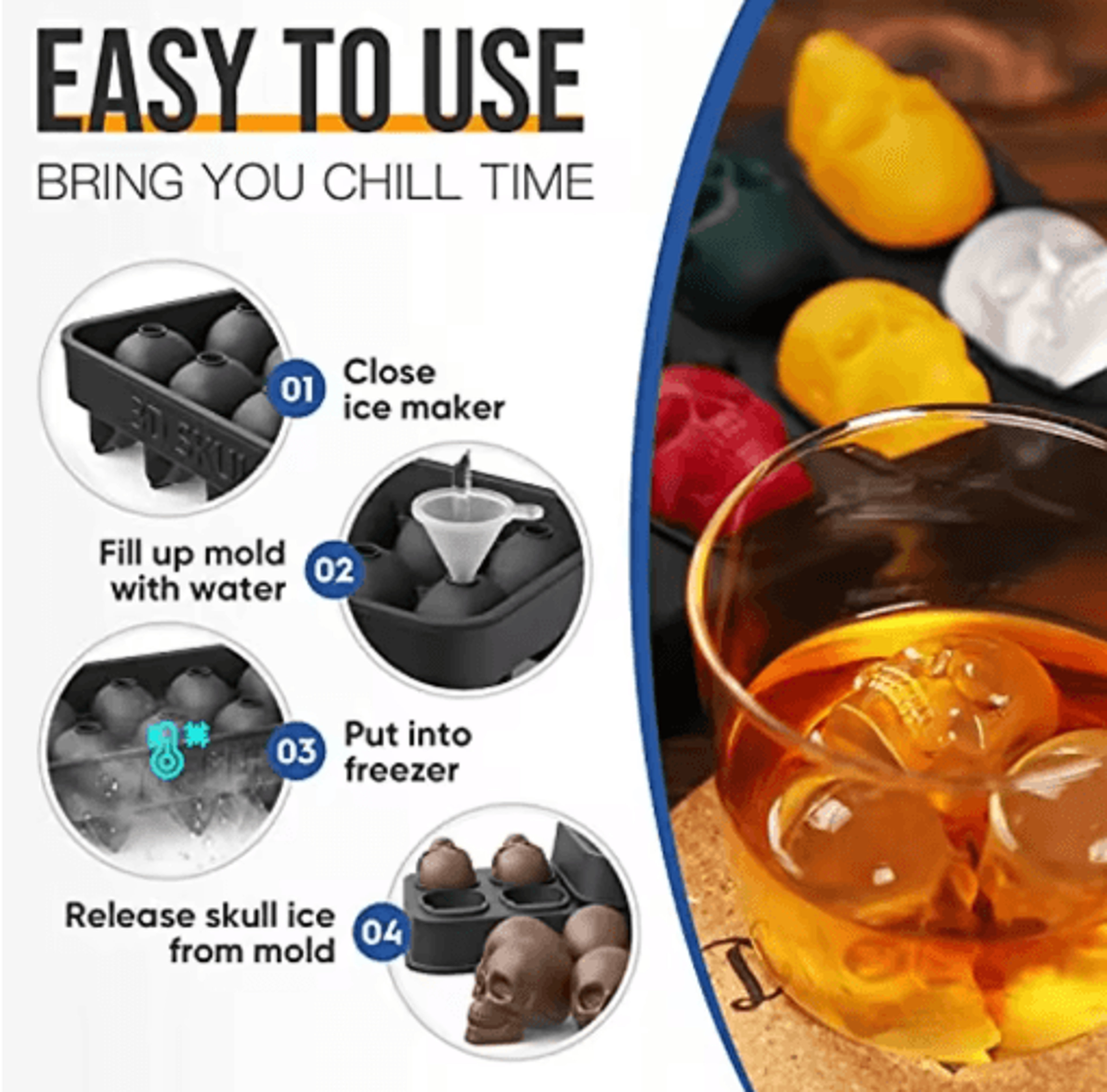 3D Skull Ice Cube Tray  10Cavity Silicone Skull Mold With Funnel For Whiskey  Baking 6