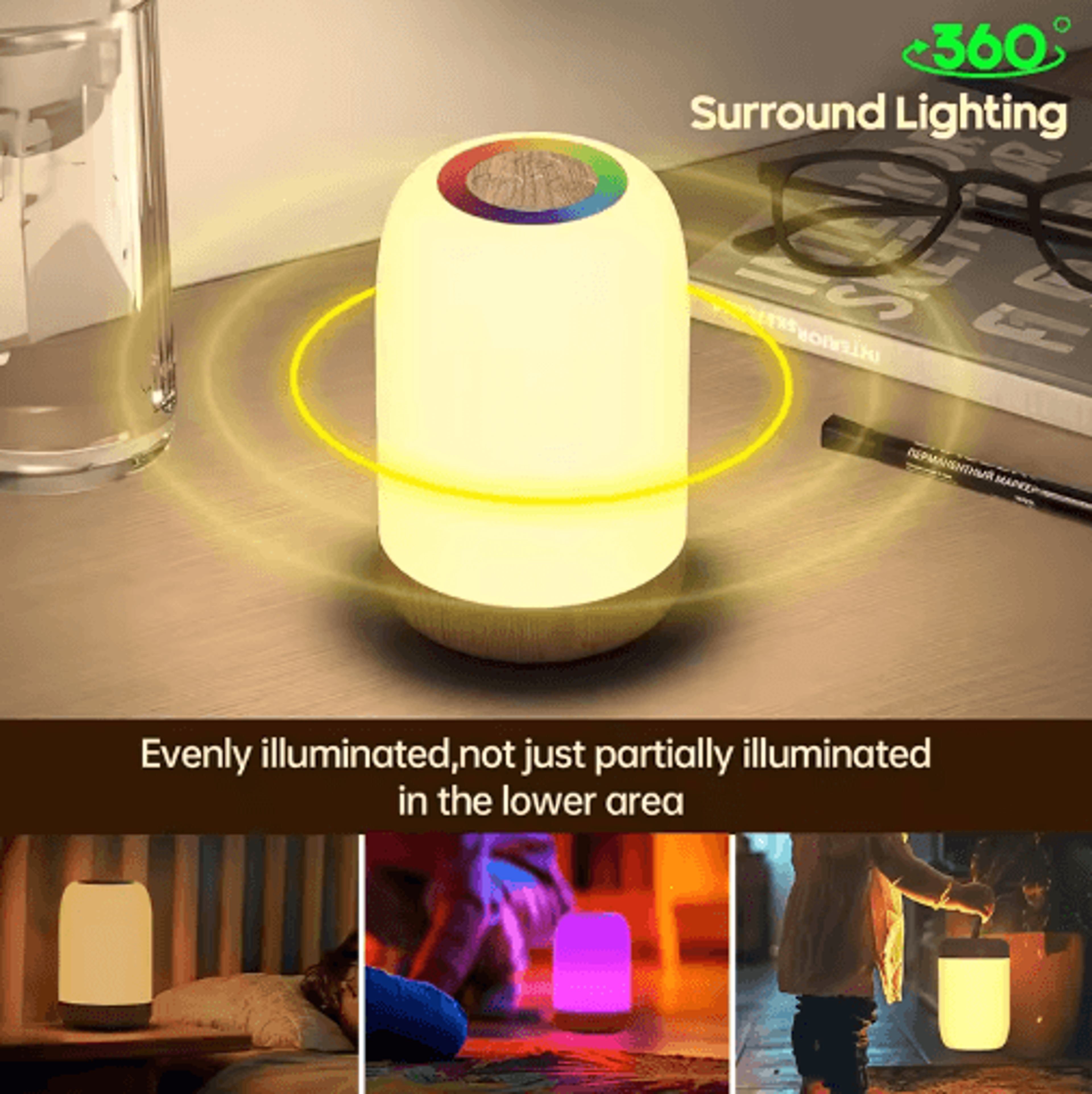 LED Touch Lamp With Dimmable RGB Colors  Wood Grain Base 5