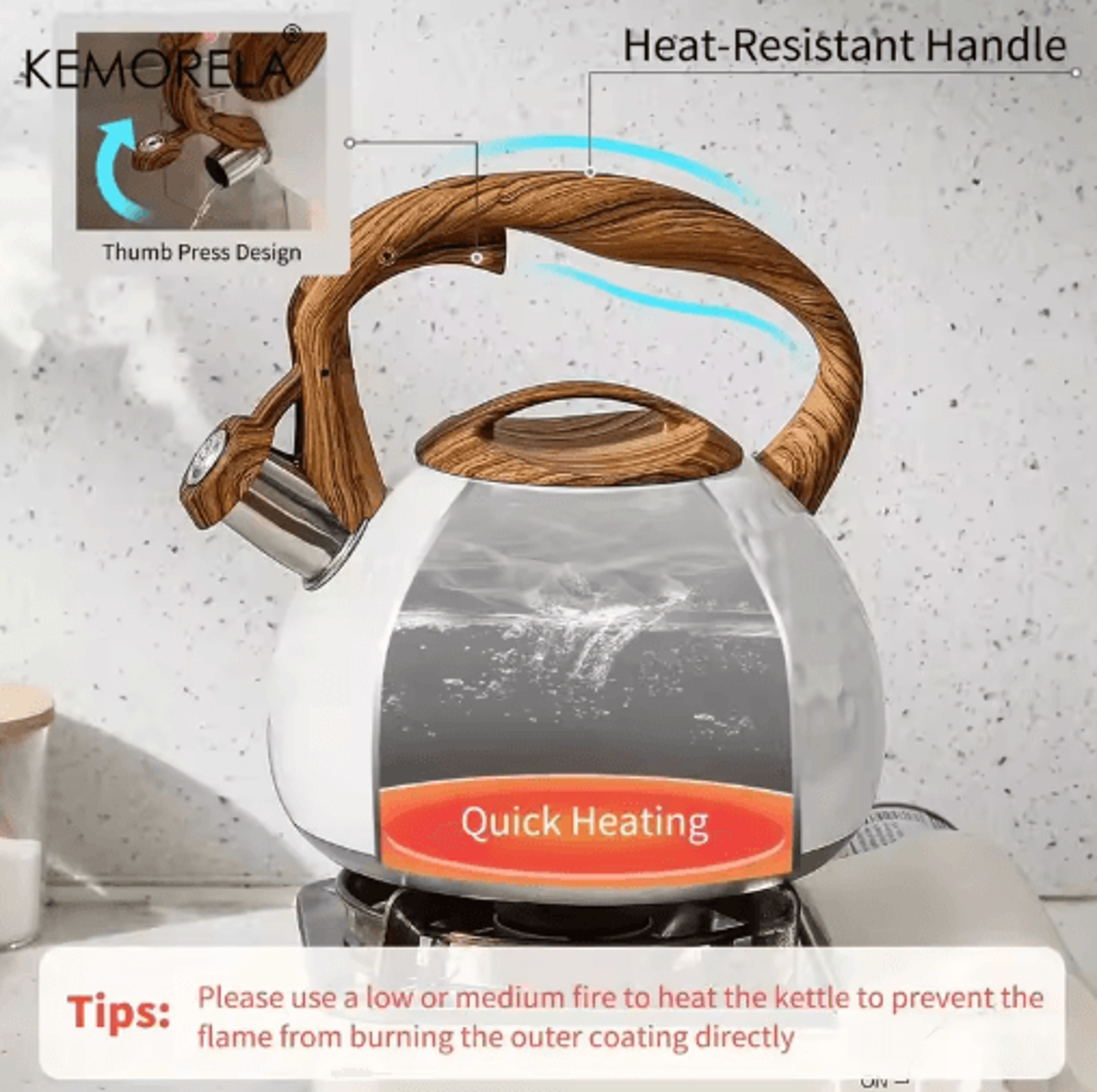 KEMORELA 3L Stainless Steel Whistling Kettle HeatResistant Hammered Teapot With Wooden Handle 7