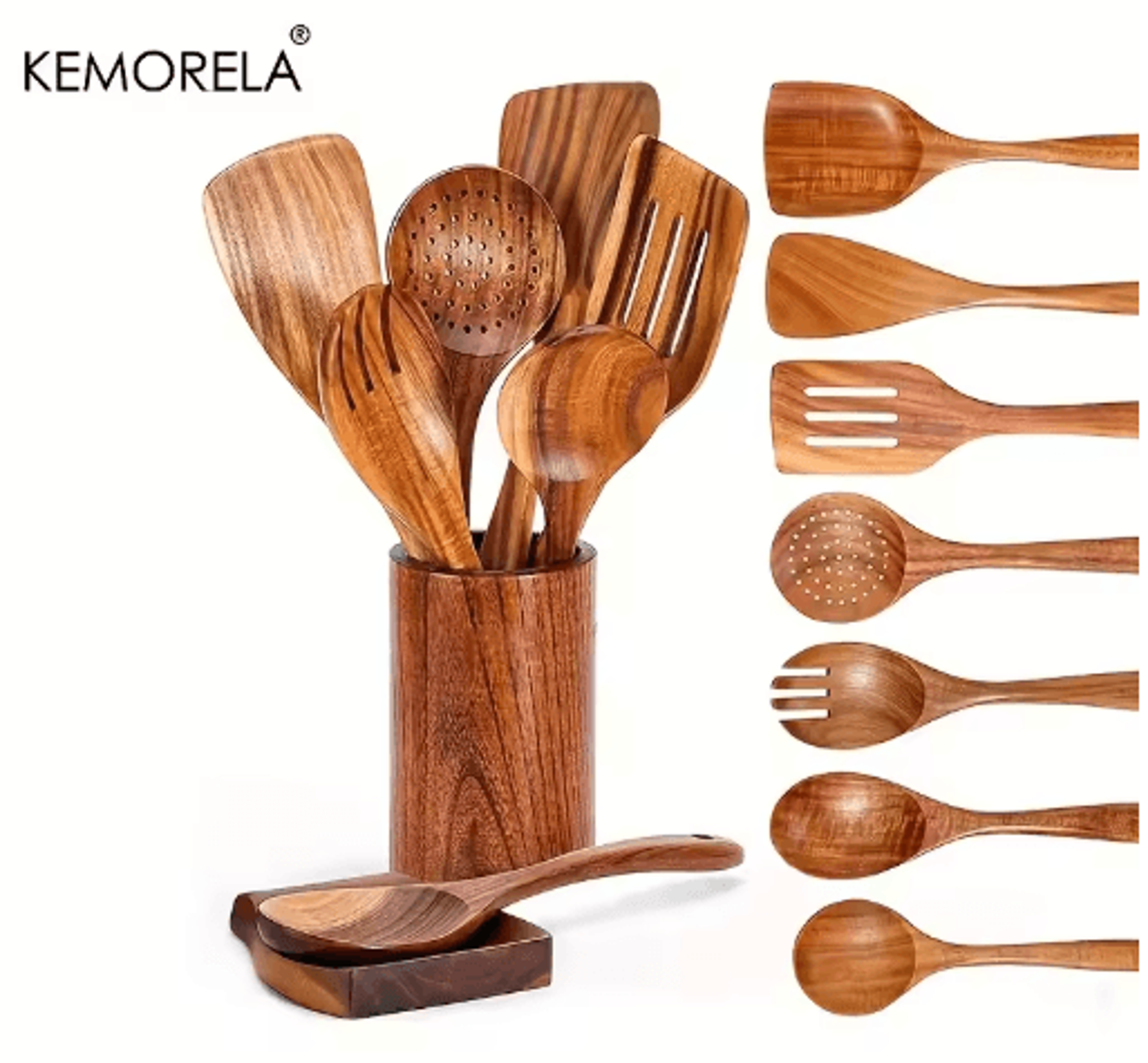 Teak Wooden Utensils Set With Holder 479Piece Wooden Spoons For Cooking 0