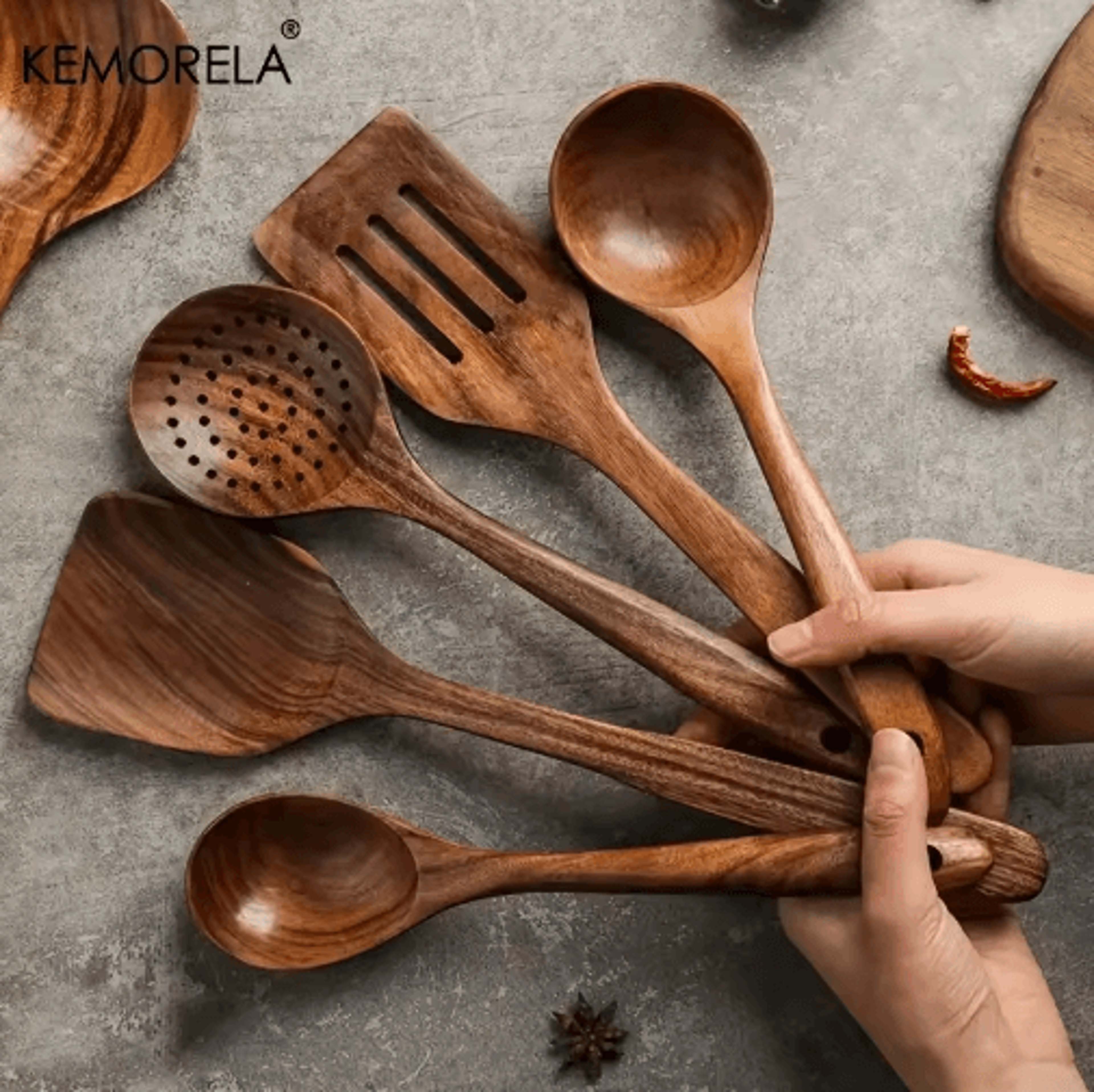 Thailand Teak Wooden Cooking Utensils Set 5Piece Natural Wooden Kitchen Tools 0