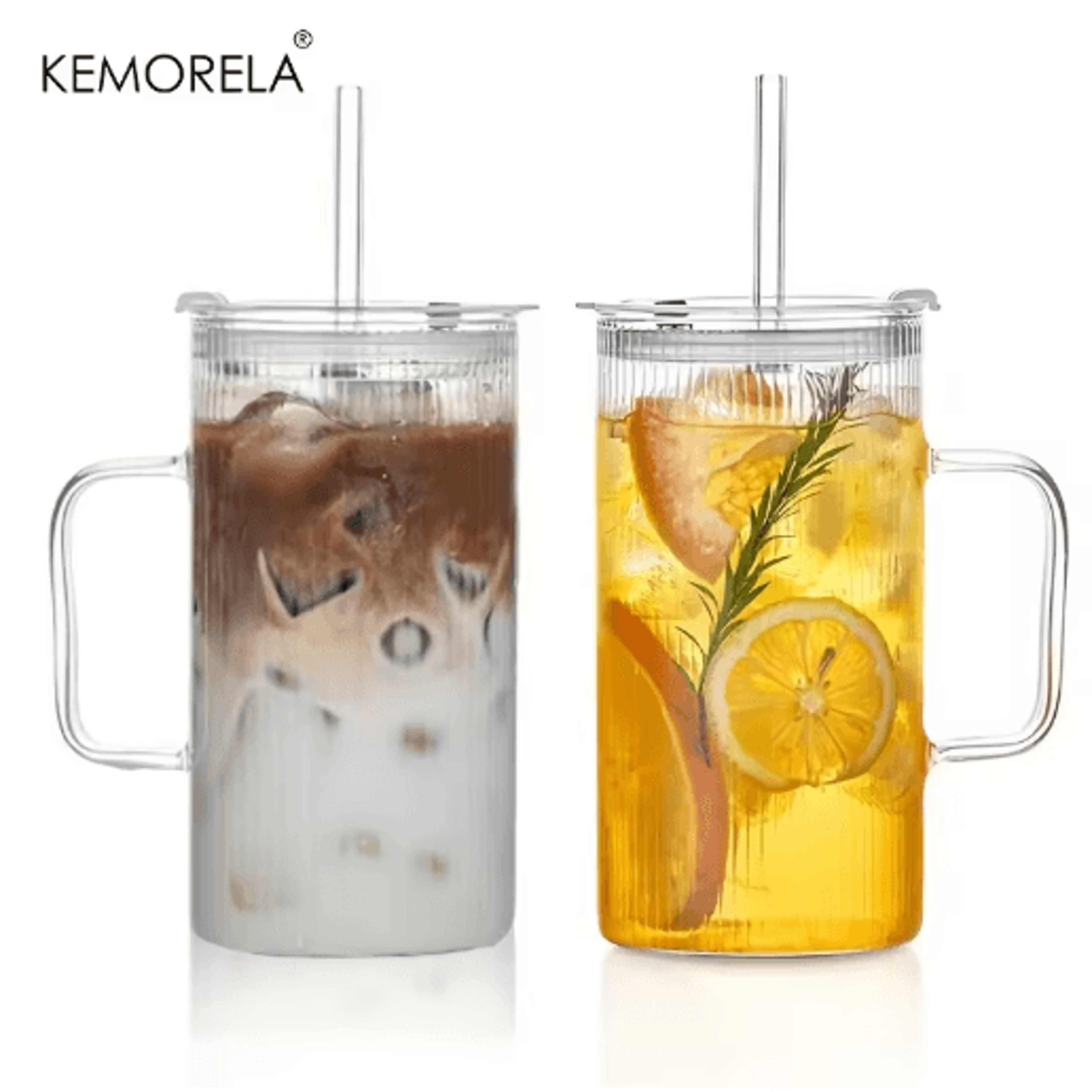 KEMORELA 740ML Ribbed Glass Tumbler With Handle Lid And Reusable Straw Clear Large Drinkware 1 To2  1