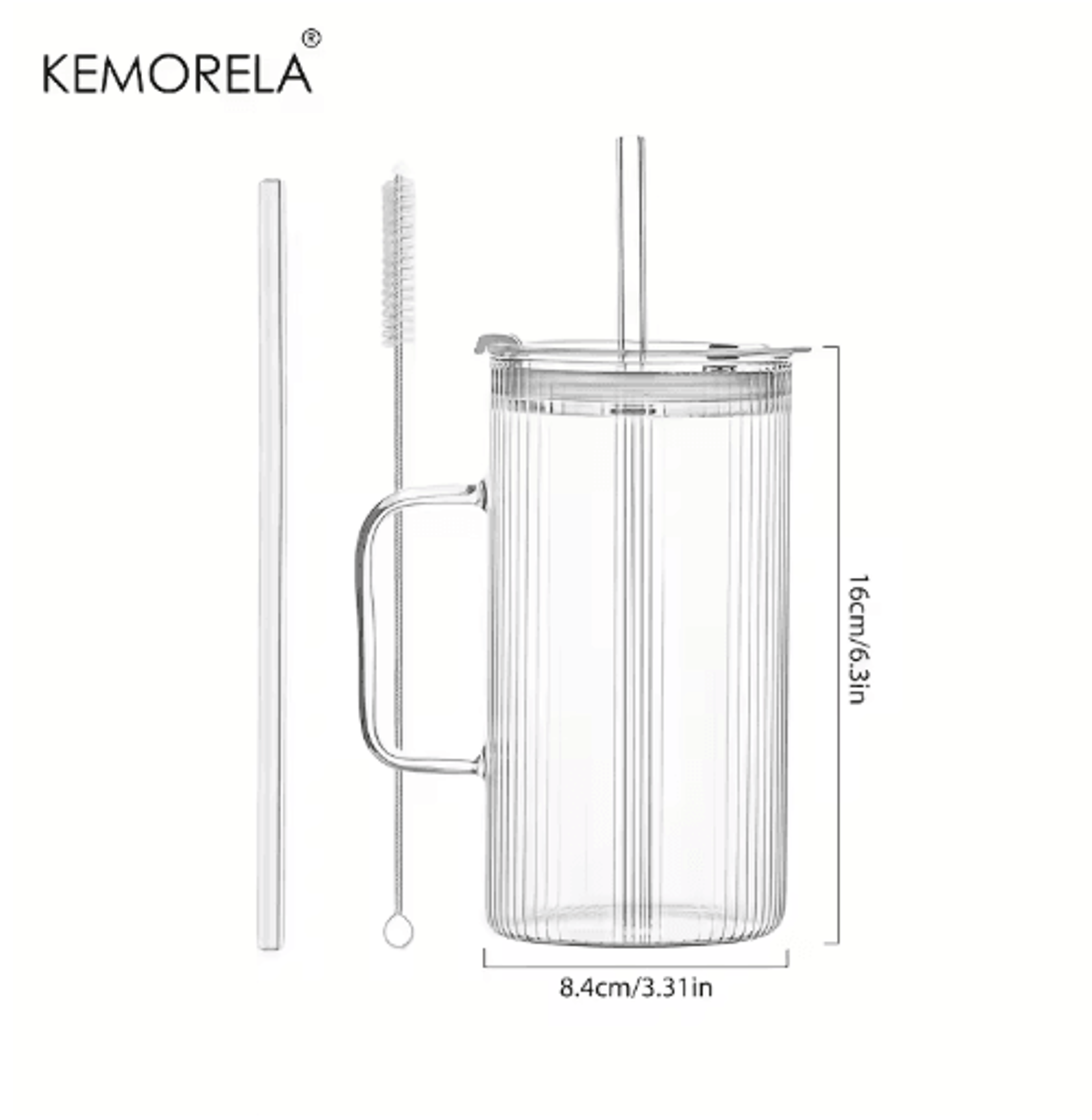 KEMORELA 740ML Ribbed Glass Tumbler With Handle Lid And Reusable Straw Clear Large Drinkware 1 To2  3
