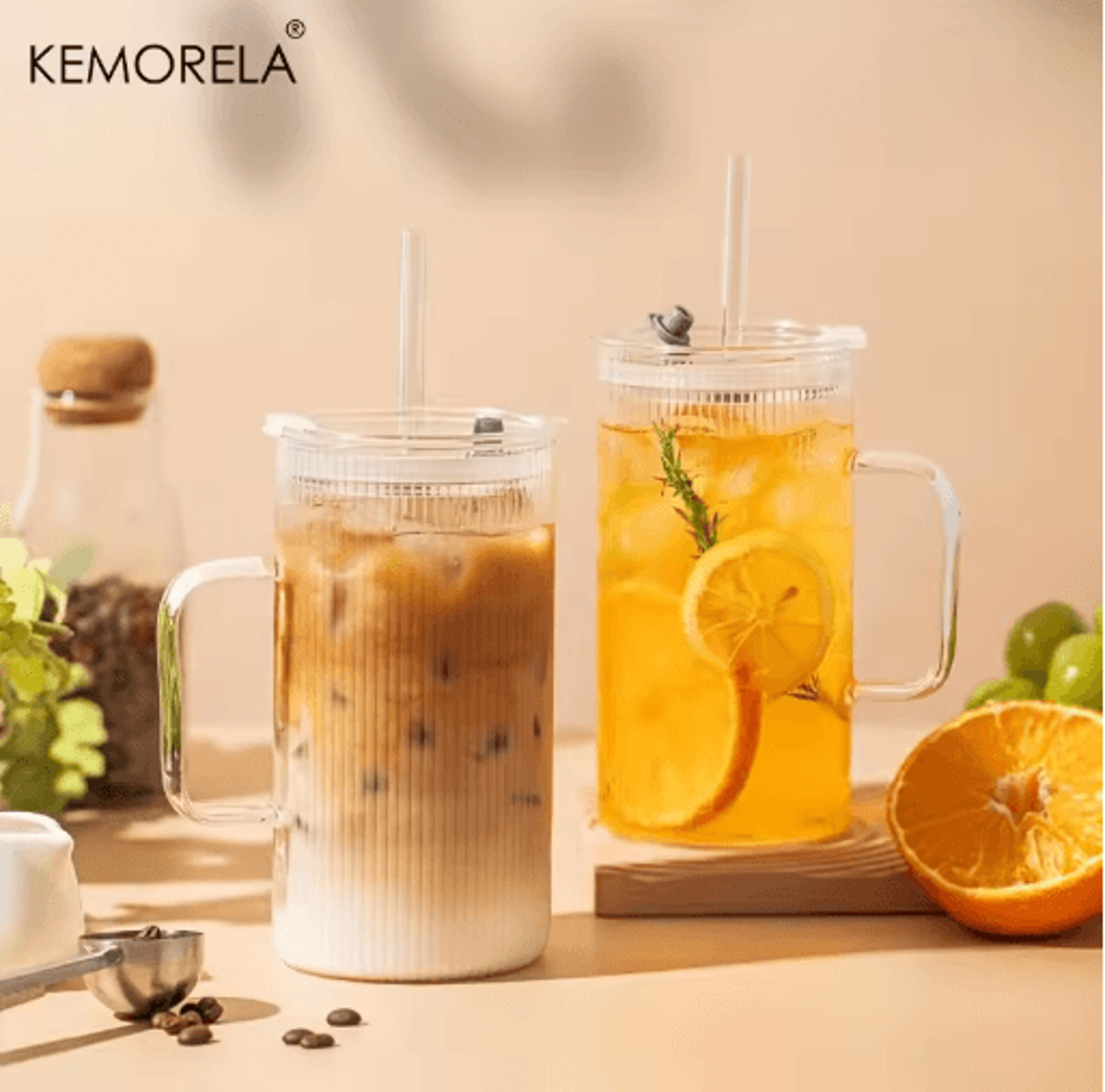 KEMORELA 740ML Ribbed Glass Tumbler With Handle Lid And Reusable Straw Clear Large Drinkware 1 To2  0