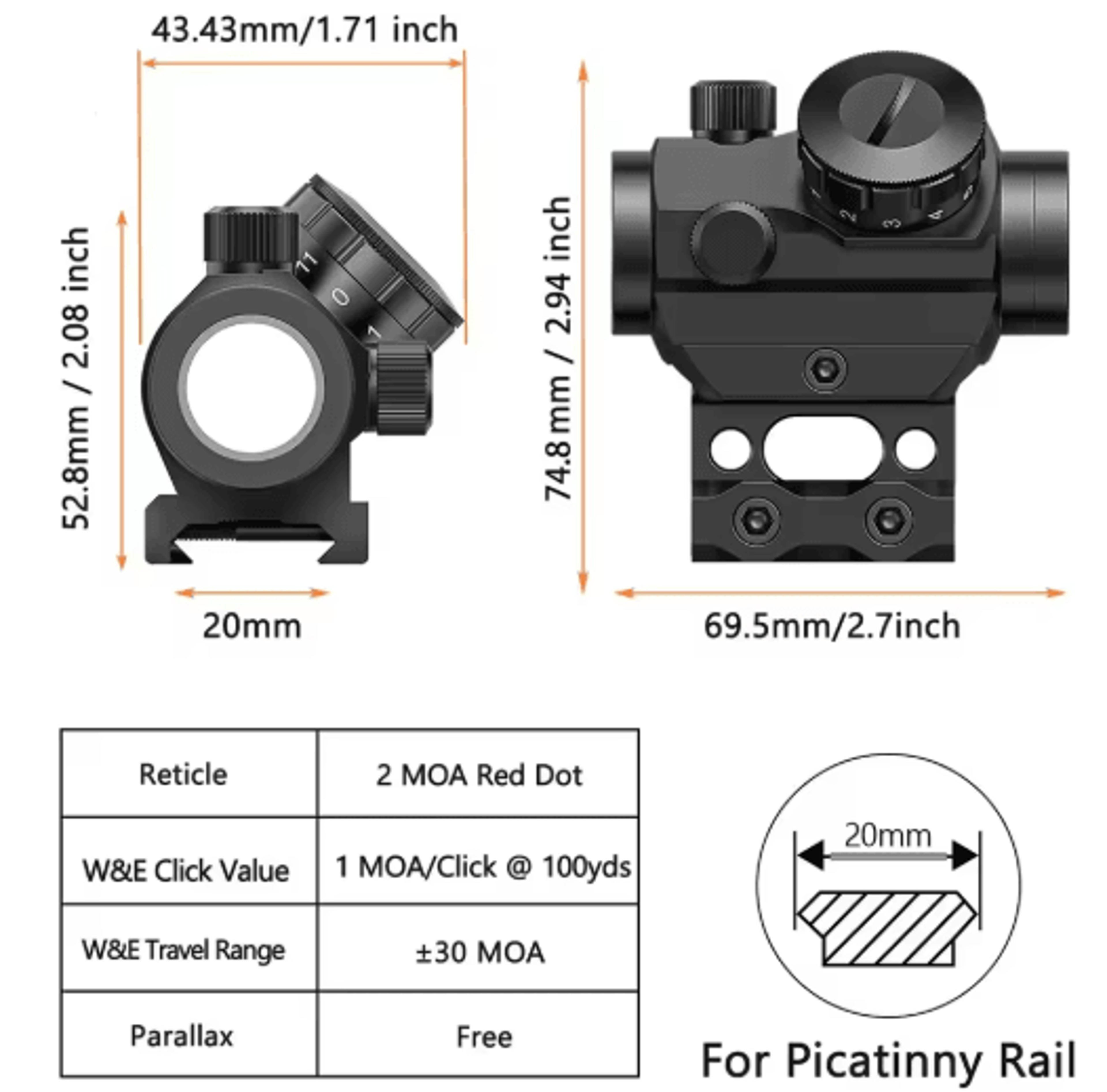 2MOA Tactical Red Dot Sight 1x25mm With 1Inch Riser Mount 2