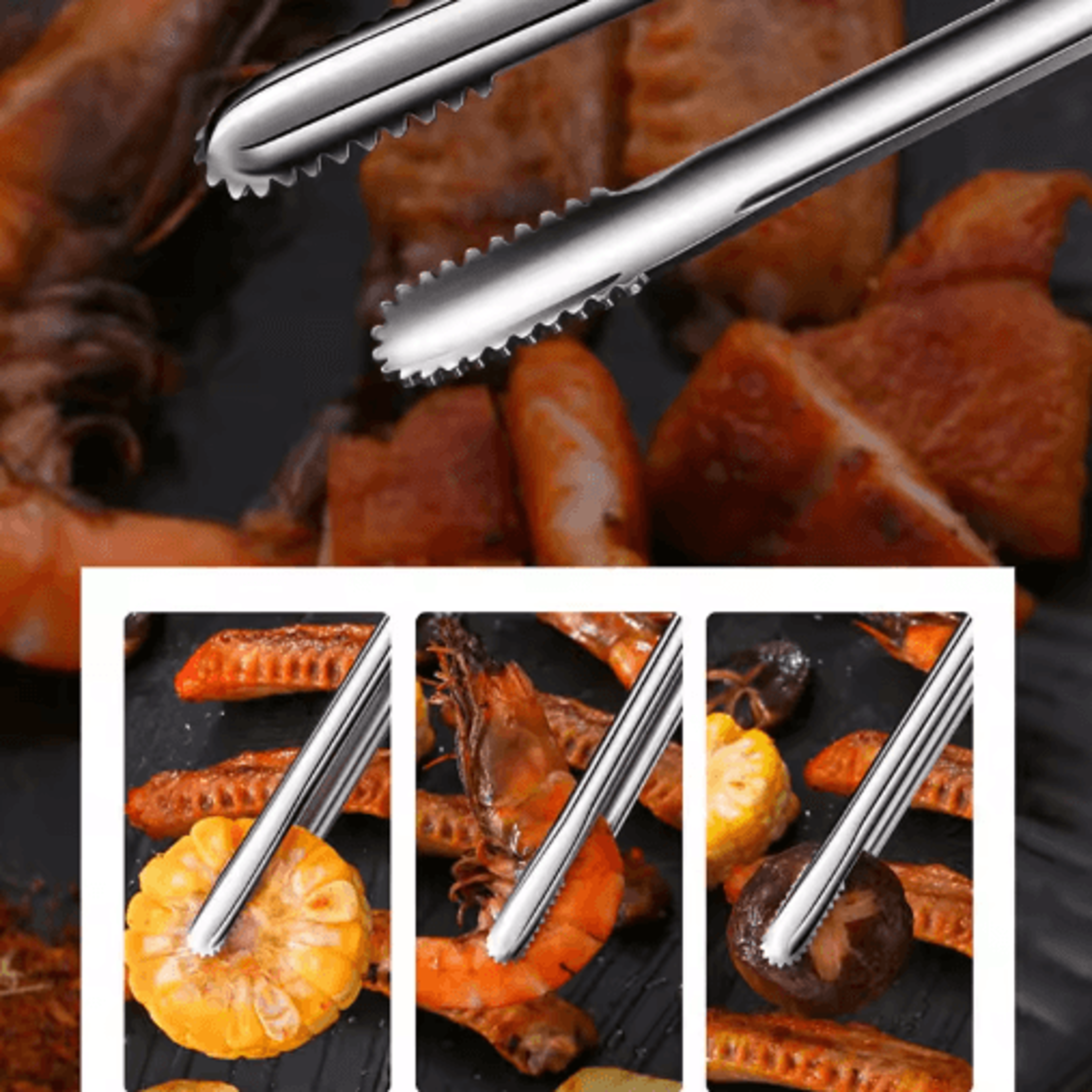 Stainless Steel BBQ Grill Tongs  NonSlip Food Clip For Cooking  Entertaining 6