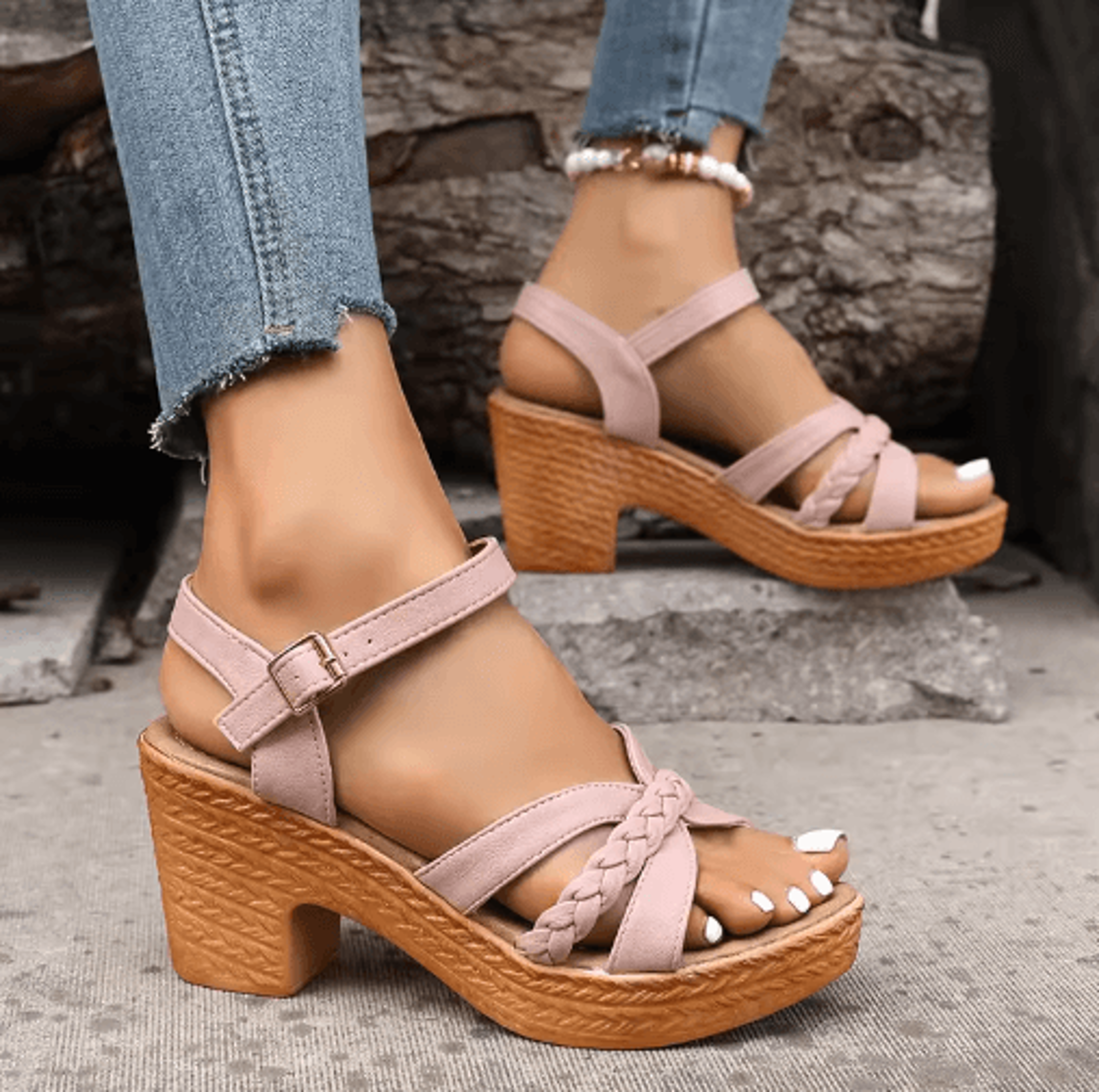 Womens Braided Chunky Platform Gladiator Sandals  Summer 2024 High Heels With Ankle Strap 3