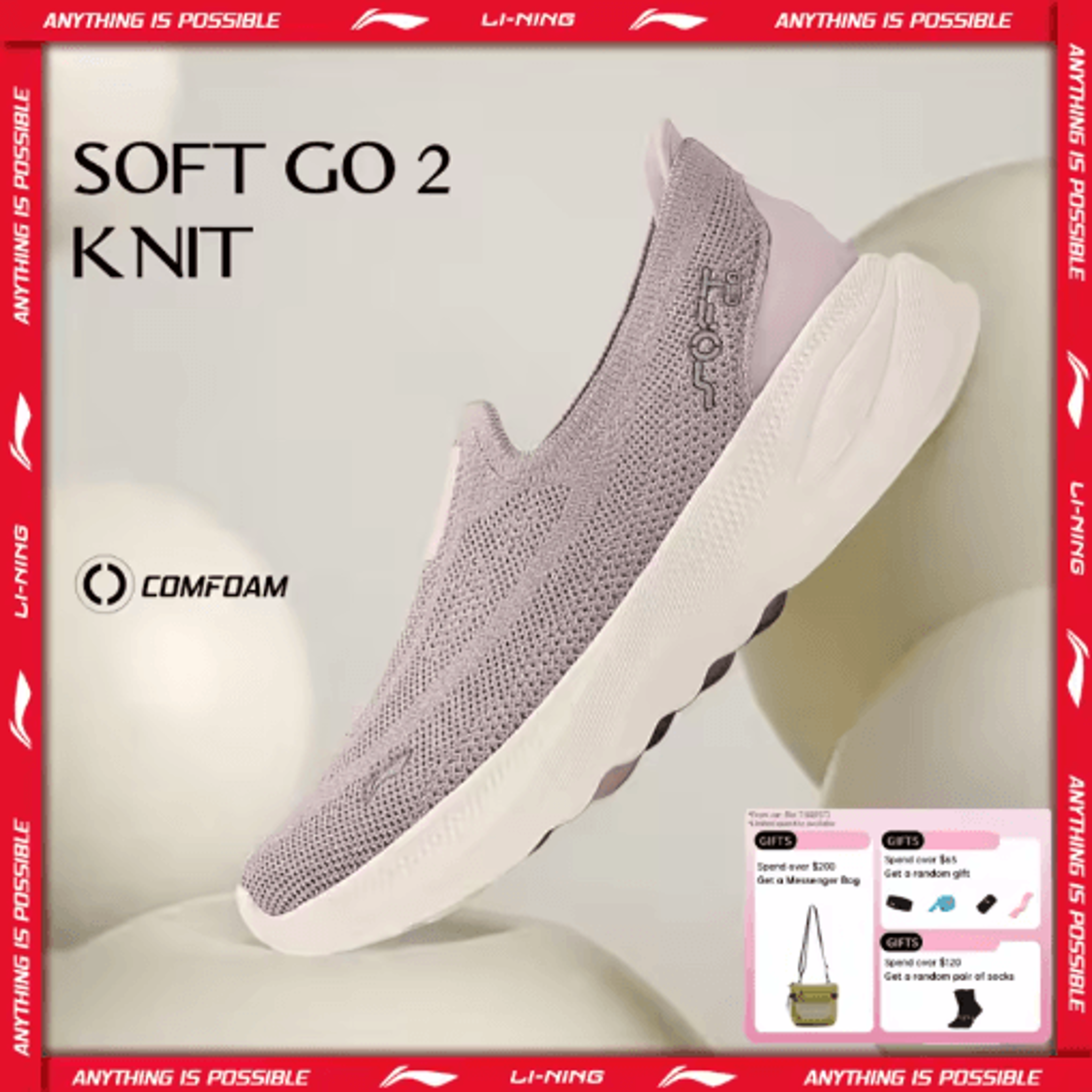 LiNing Womens SOFT GO 2 KNIT SlipOn Walking Sneakers  Breathable  Cushioned Comfort 0