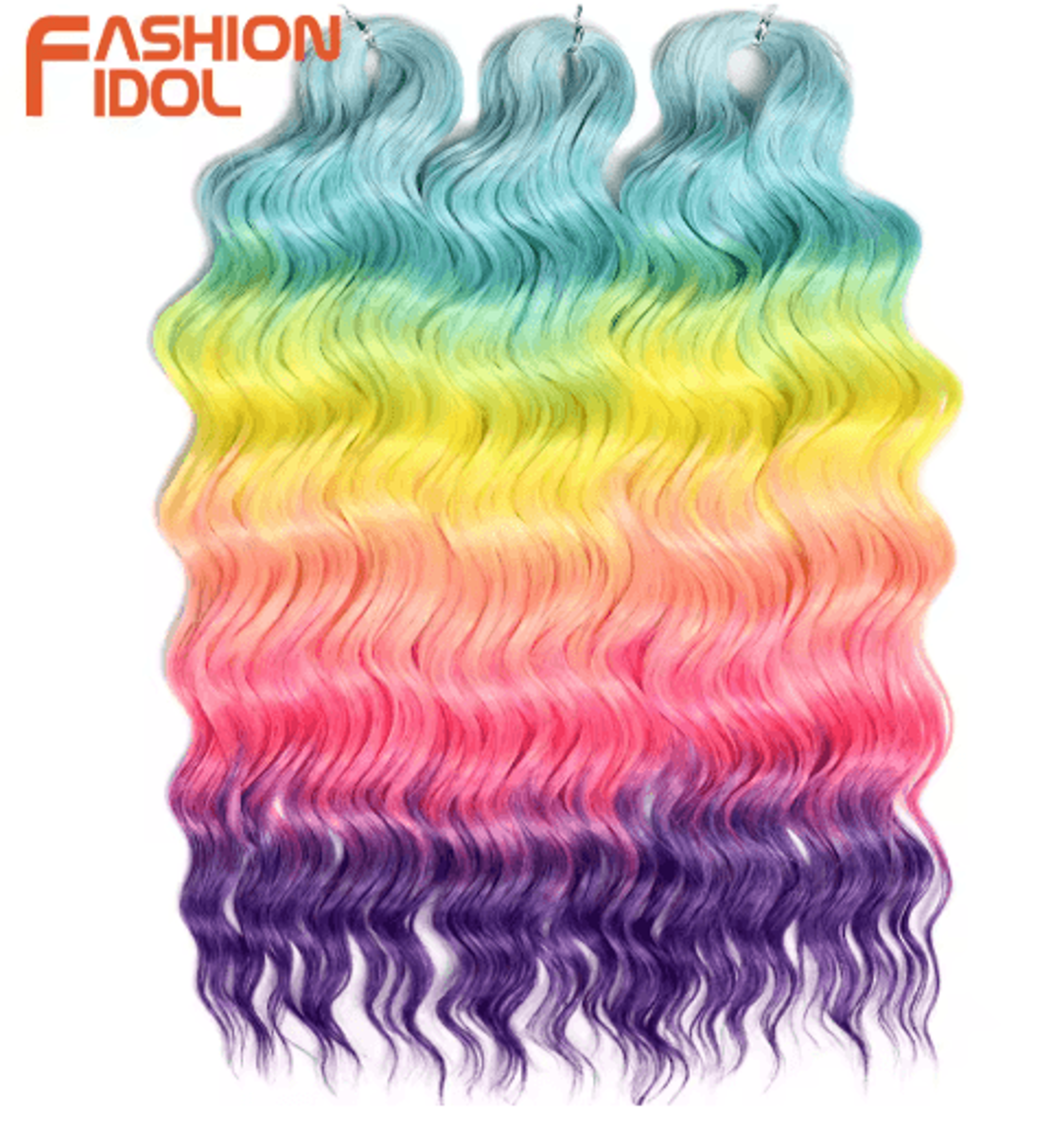 FASHION IDOL 24Inch Ombre Rainbow Water Wave Crochet Hair Synthetic Deep Wave Braiding Extensions 24