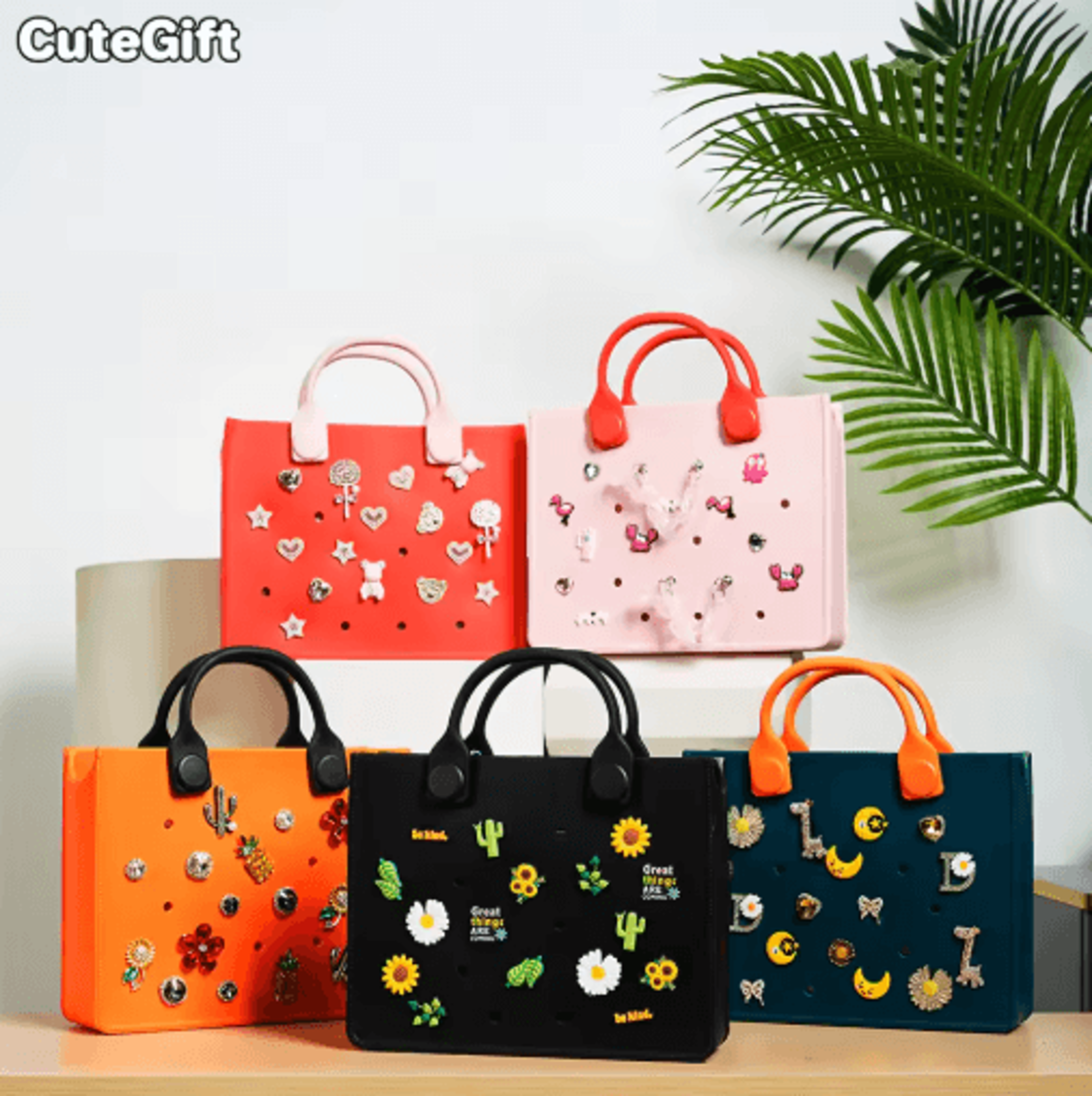 EVA Waterproof Tote Shoulder Bag For Women Large Casual Beach Handbag With Charm Holes 0