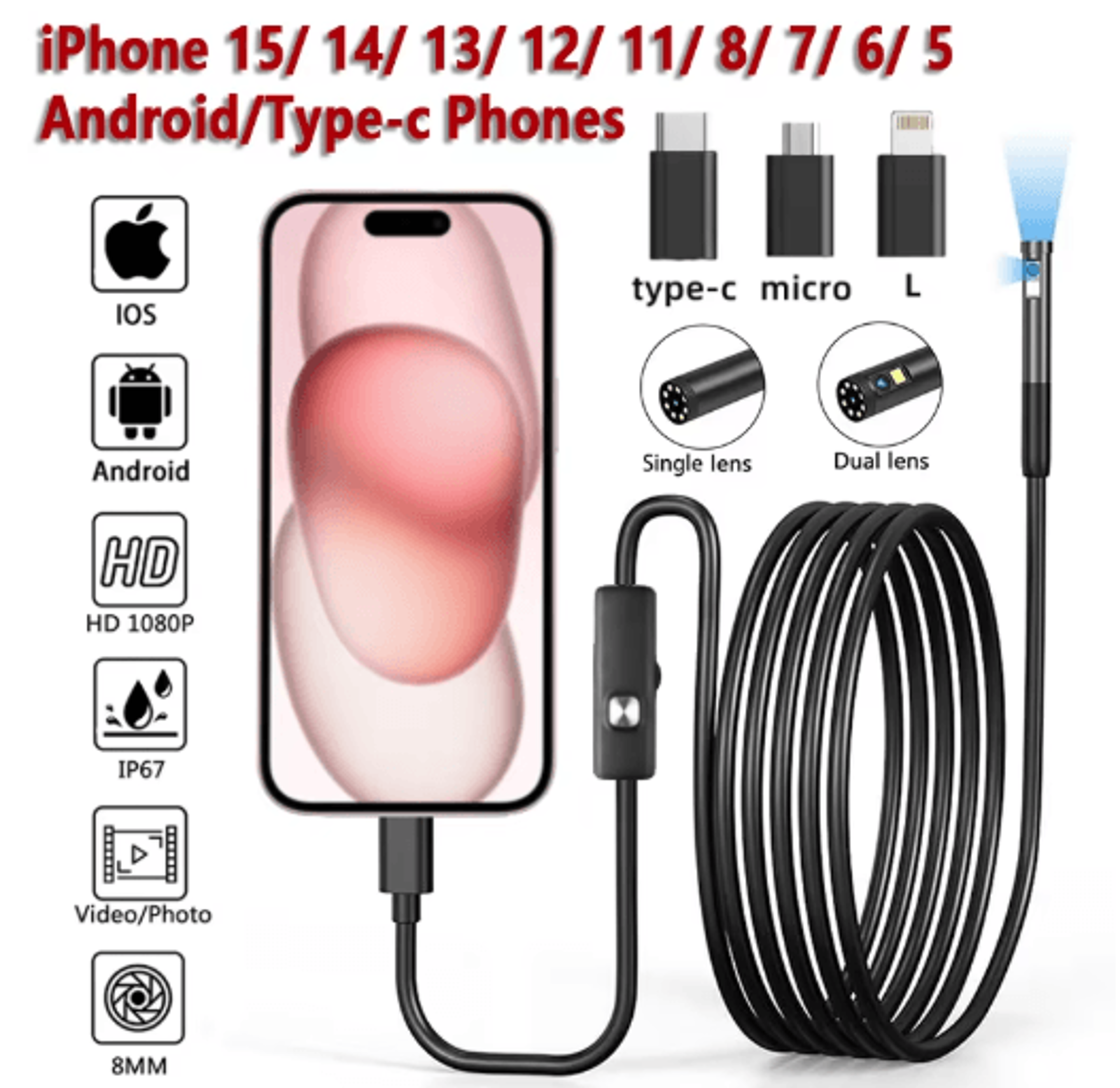 InstaScope 8mm 1080P Endoscope Inspection Camera For IPhone And Android 0