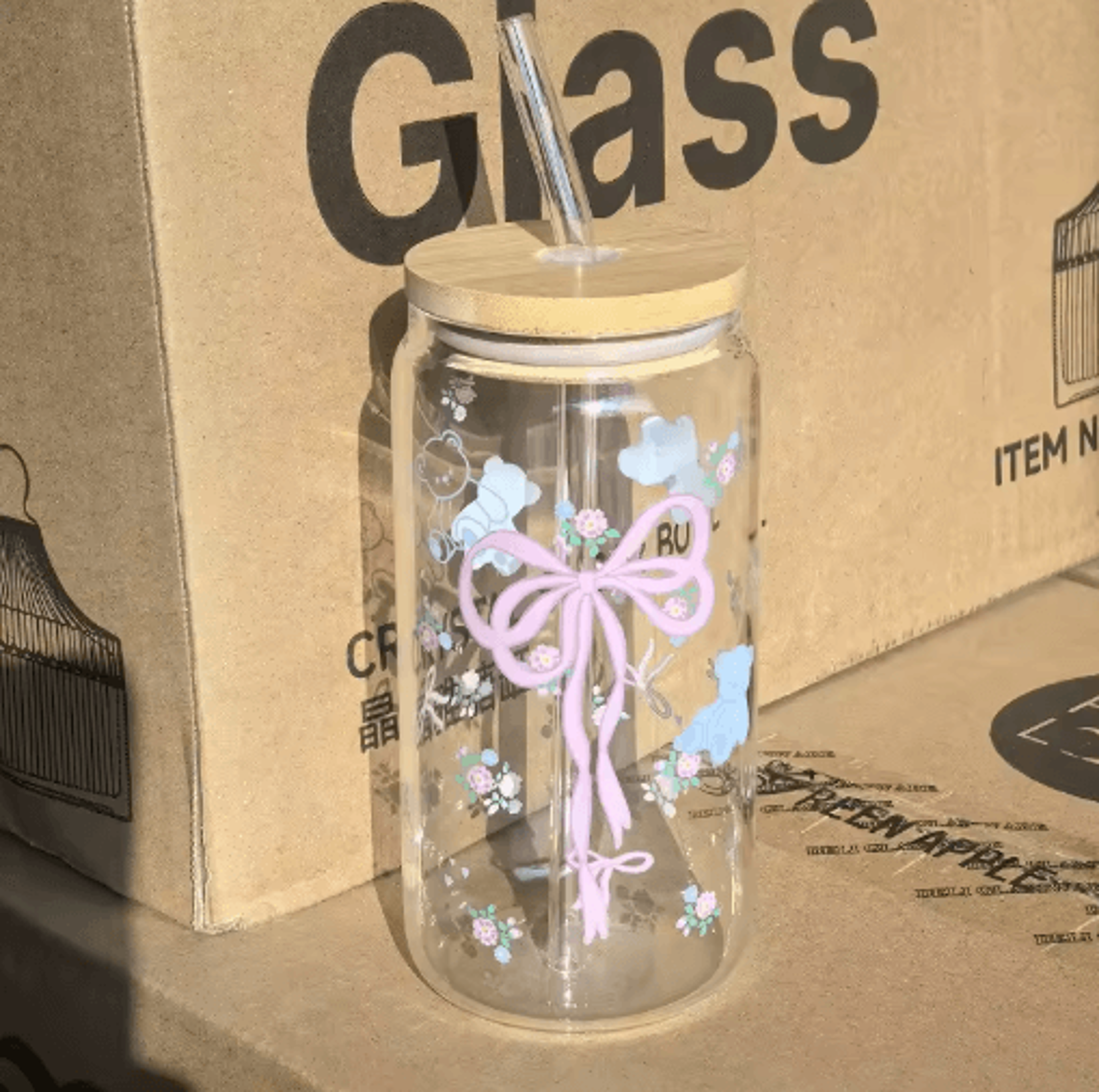 Cherry Bow Glass Tumbler With Straw 500 Ml Mason Jar Style Iced Coffee And Juice Cup 1