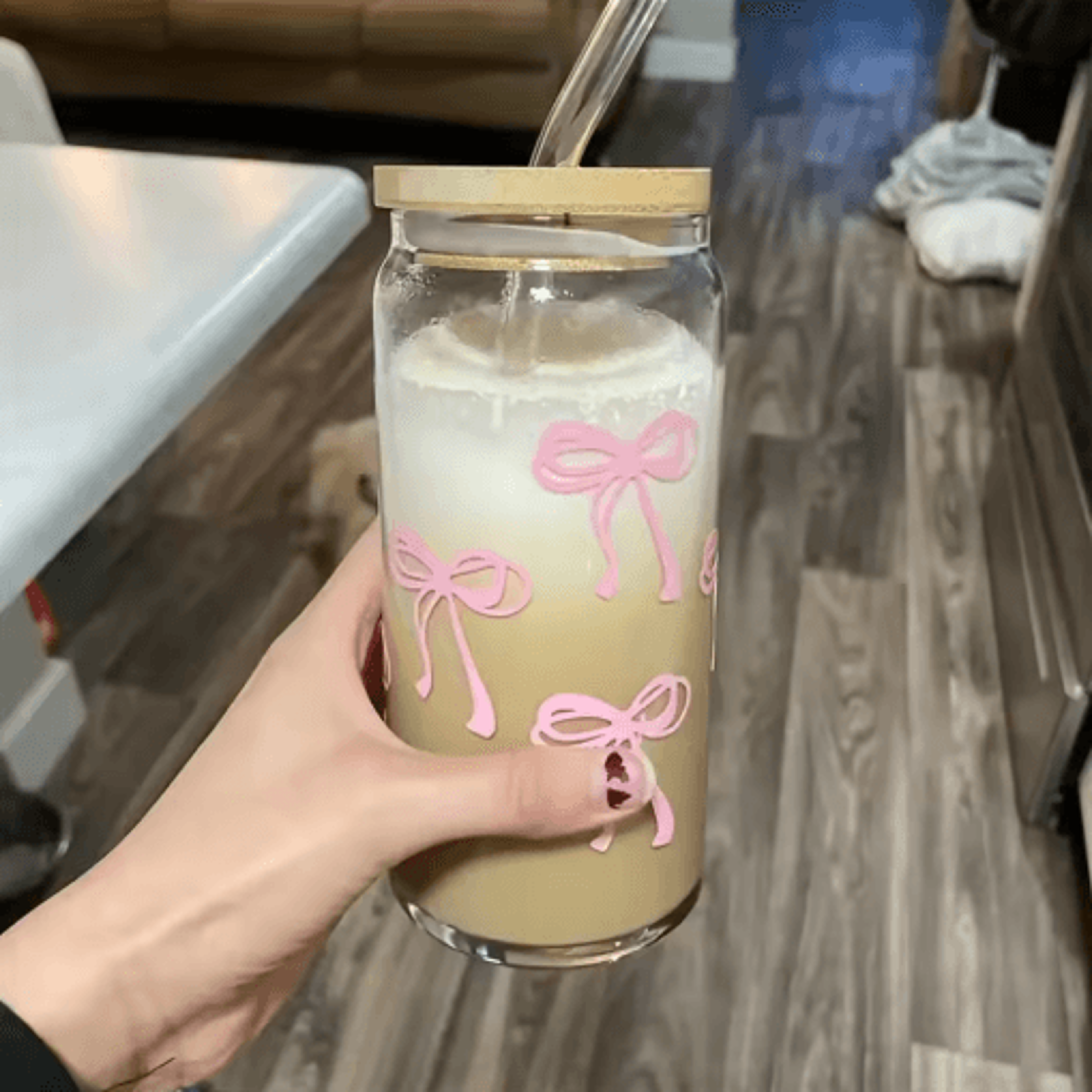 Cherry Bow Glass Tumbler With Straw 7
