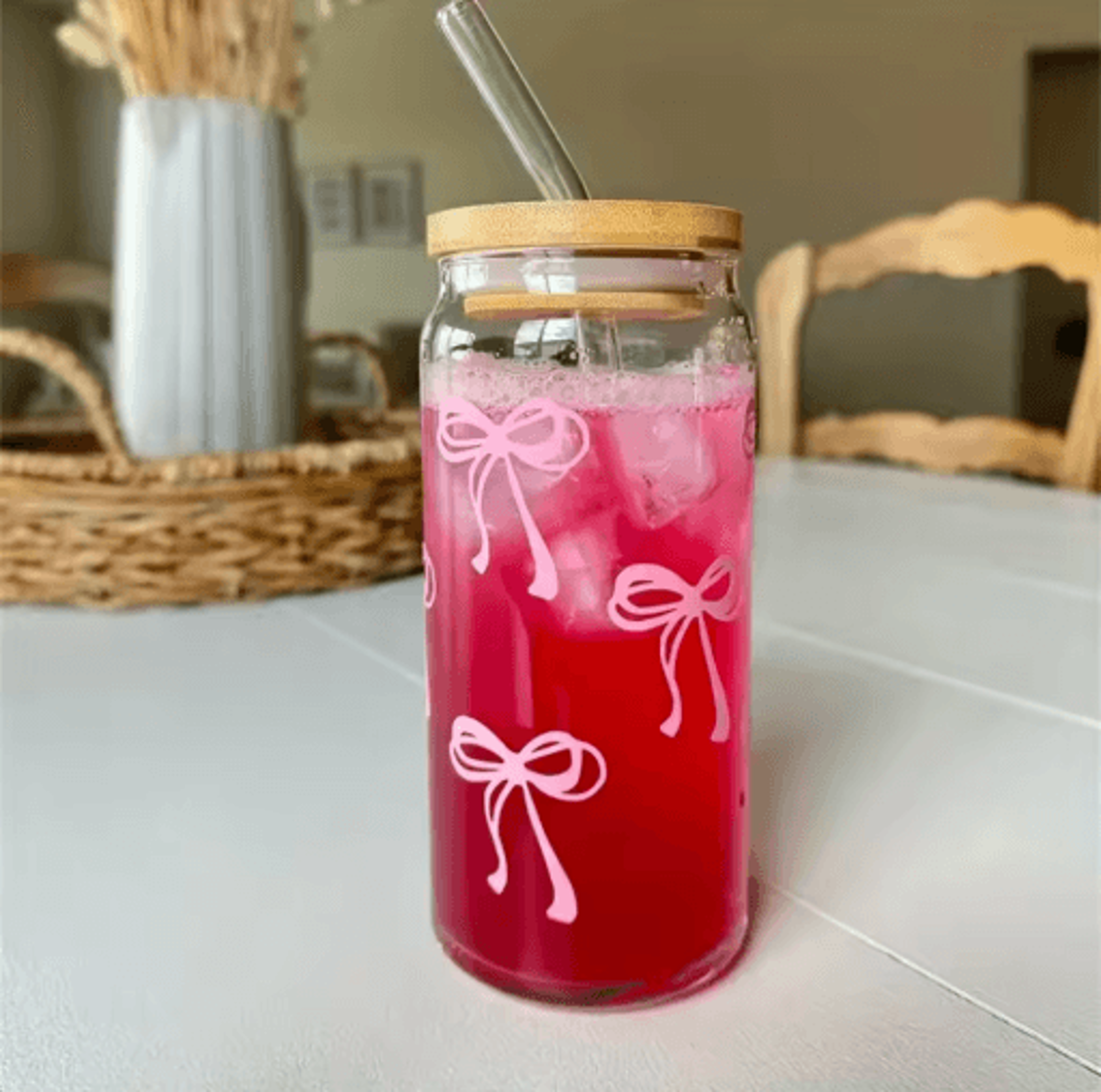 Cherry Bow Glass Tumbler With Straw 8