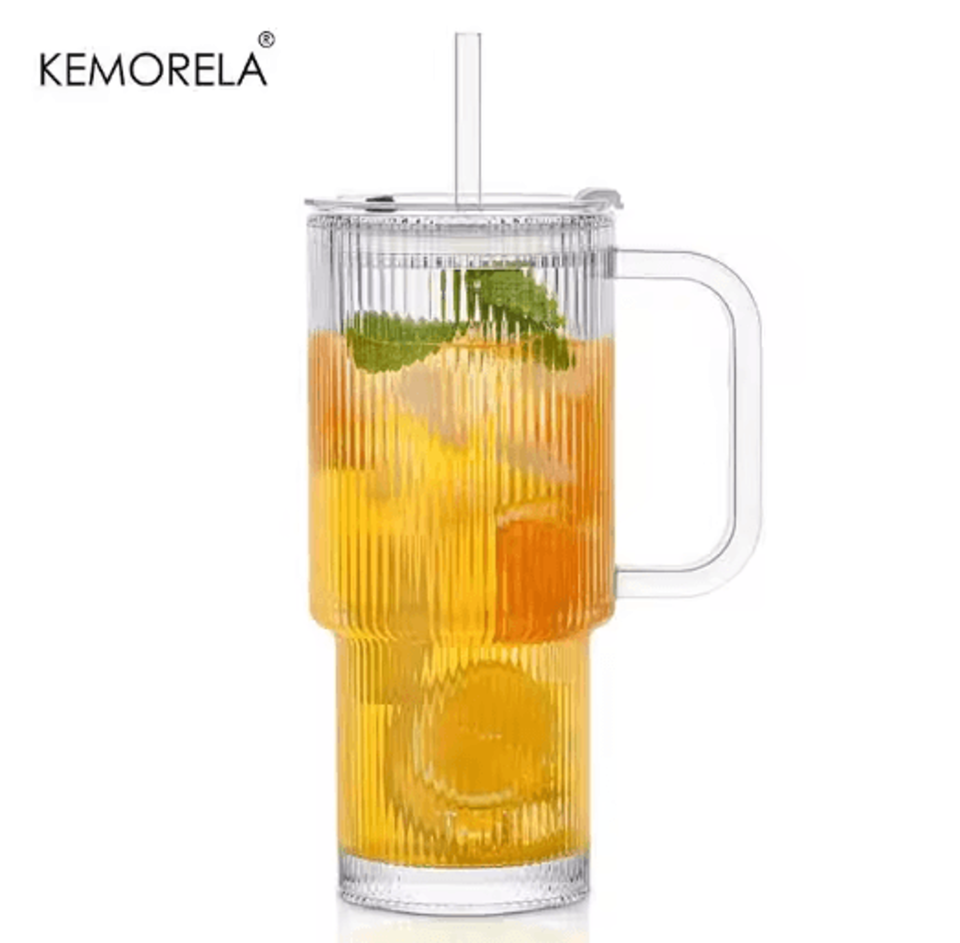 760 Ml Ribbed Glass Tumbler With Handle Lid Large Iced Coffee Mug With Straw 1 To 2 PCS 2