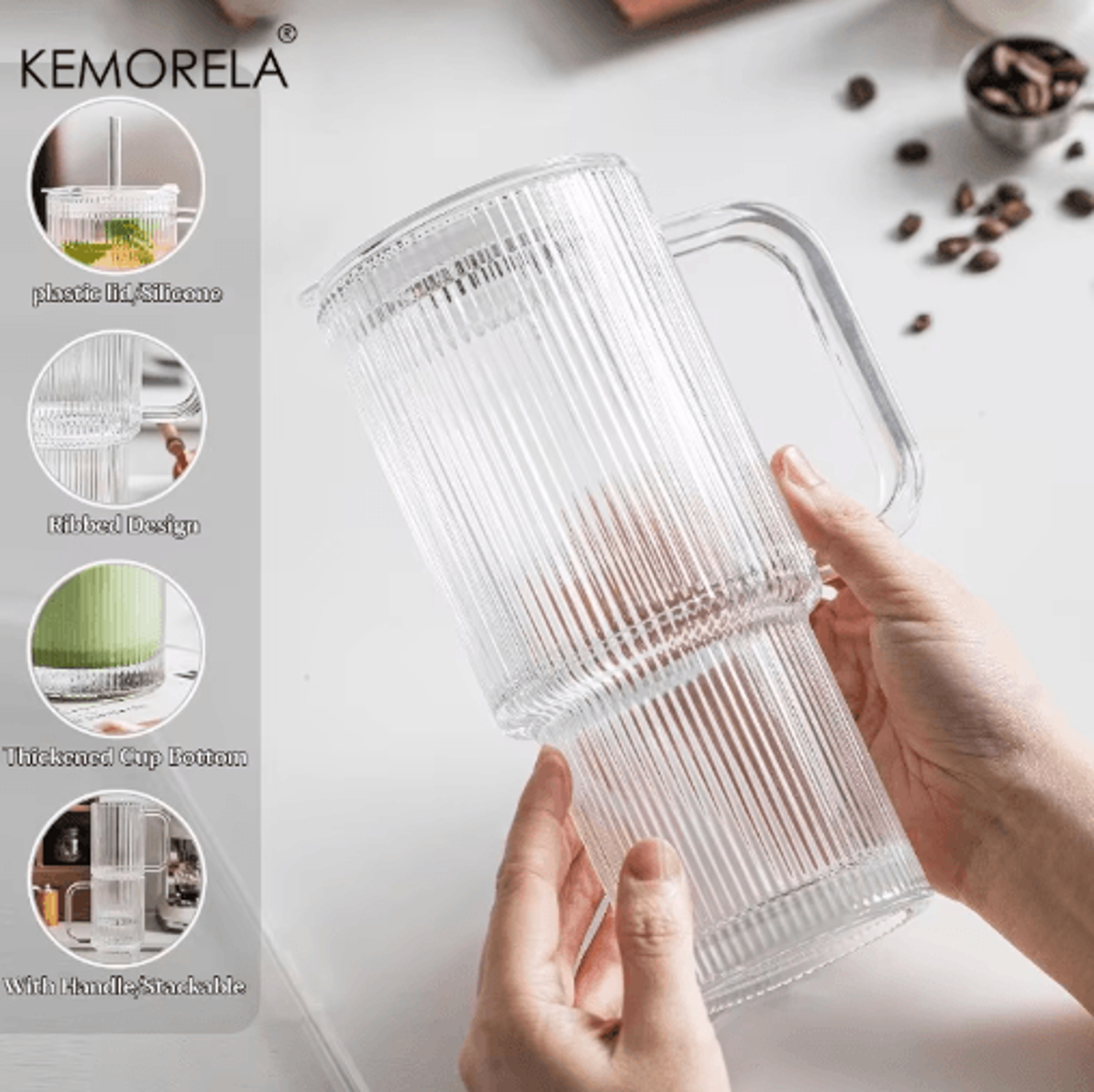 760 Ml Ribbed Glass Tumbler With Handle Lid Large Iced Coffee Mug With Straw 1 To 2 PCS 4