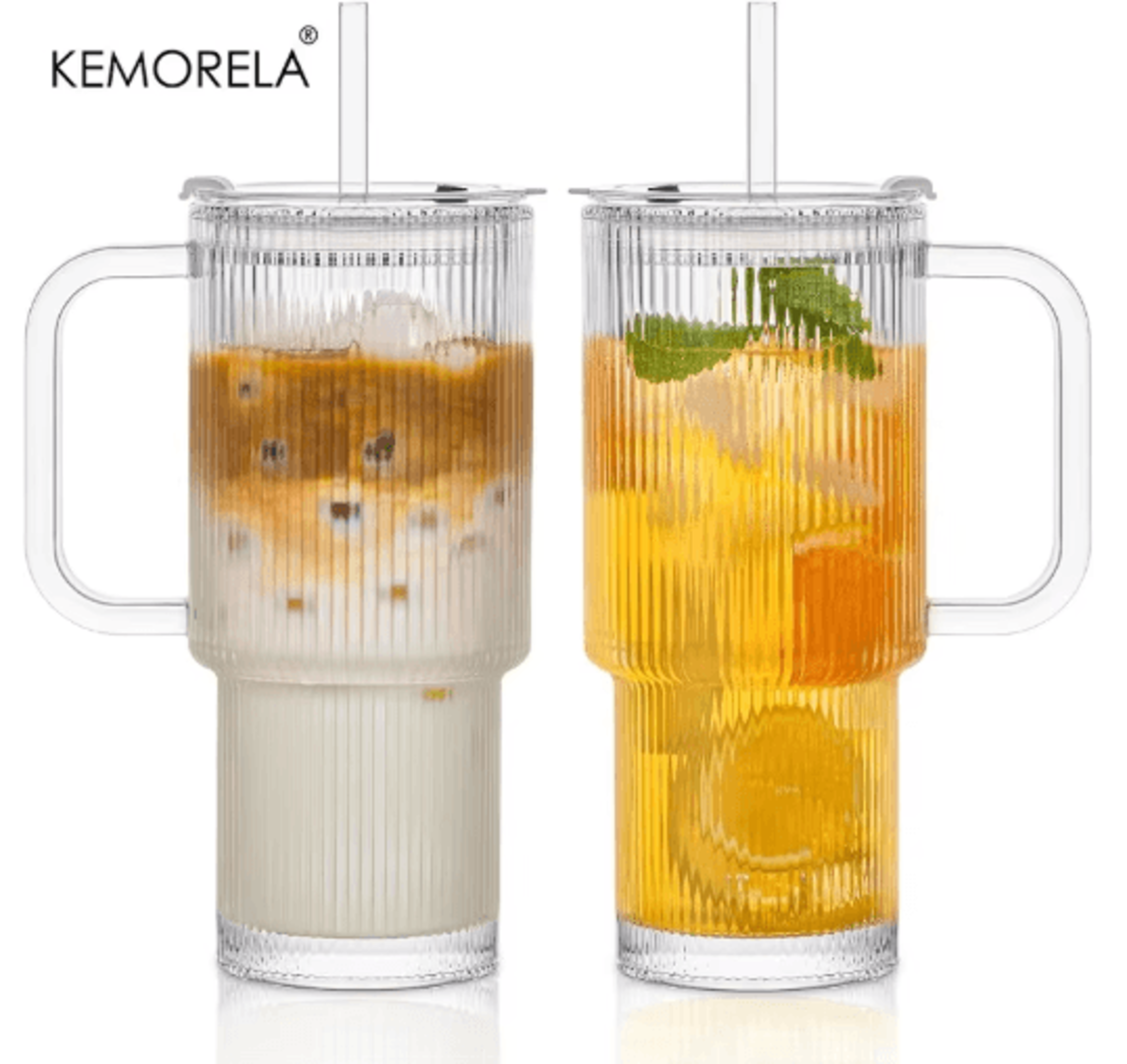 760 Ml Ribbed Glass Tumbler With Handle Lid Large Iced Coffee Mug With Straw 1 To 2 PCS 7