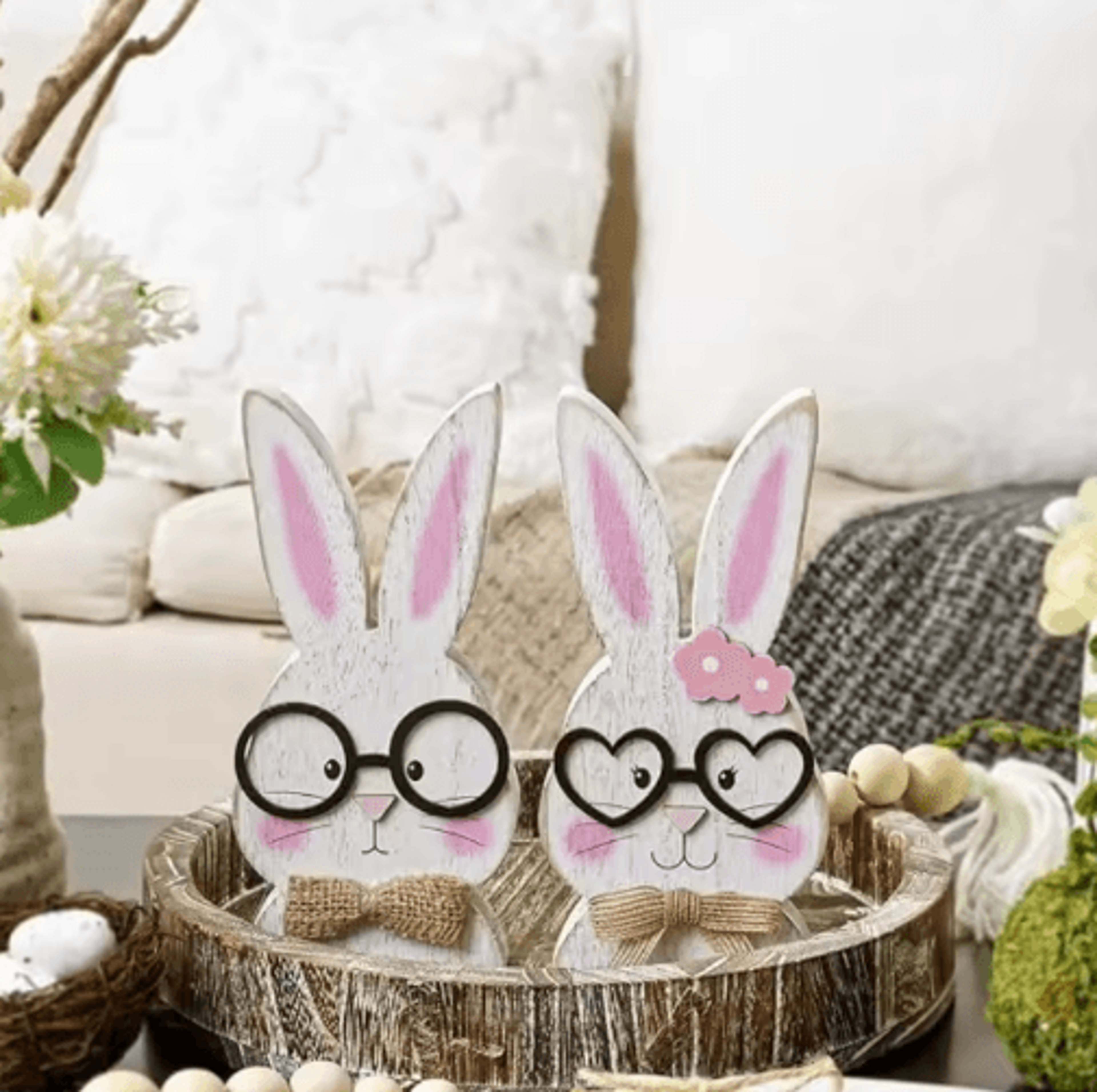 Nordic Rabbit Couple Easter Decorations  2Piece Wooden Ornament Set 5
