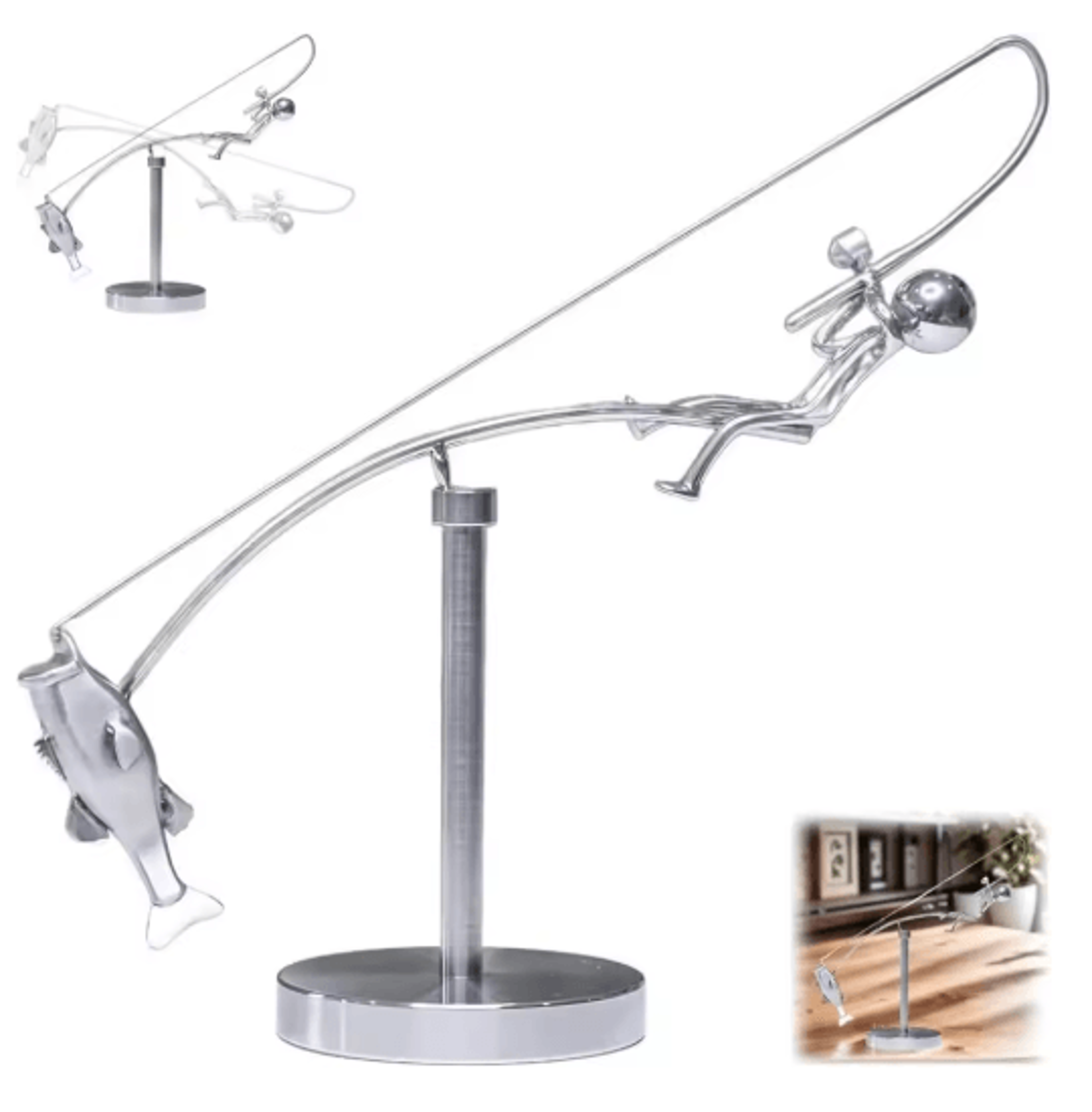 Handmade Kinetic Fishing Sculpture Metal Fisherman Balancing Desk Ornament 0