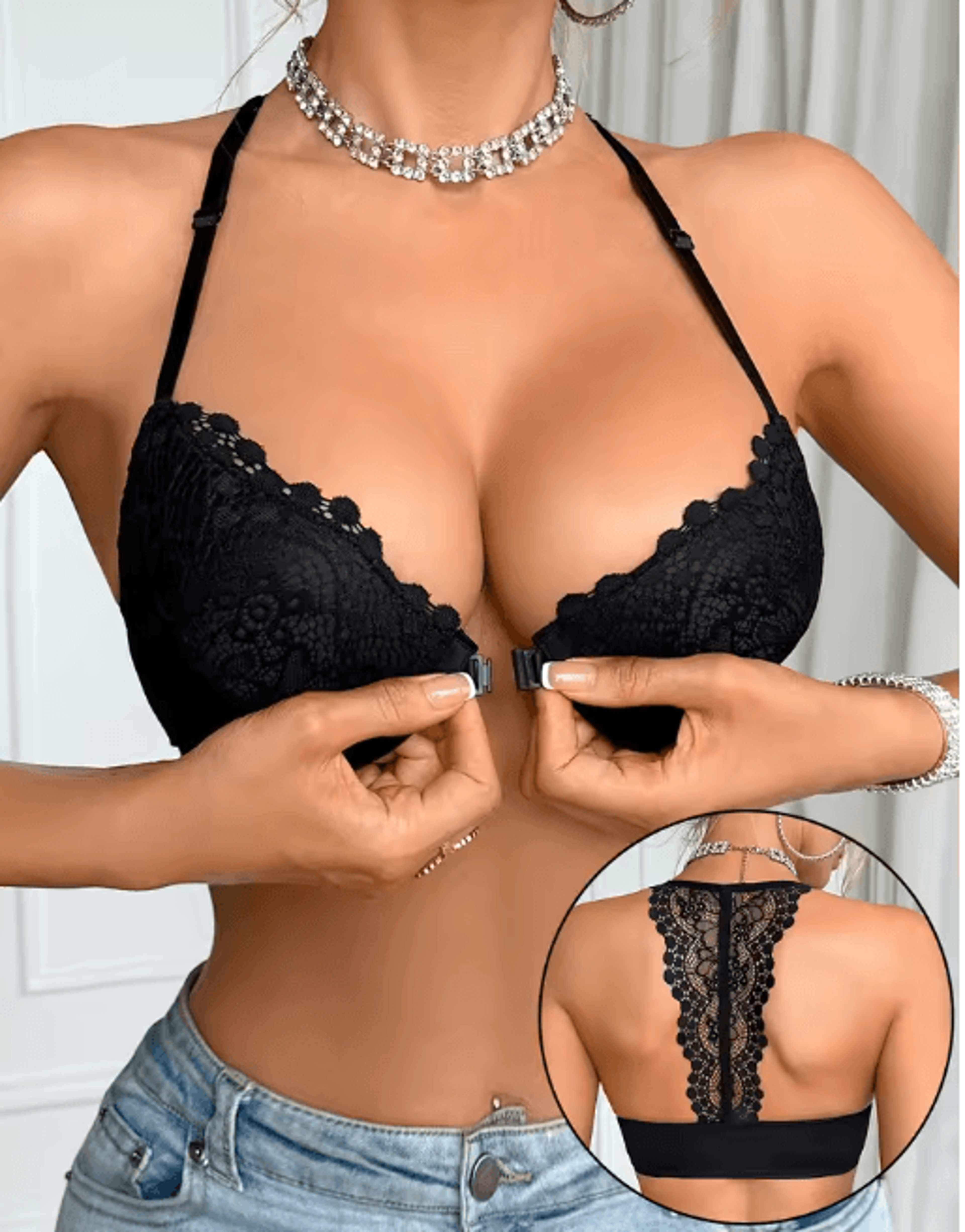 Fashion Lace Splicing Front Clasp Push Up Bra For Women 0