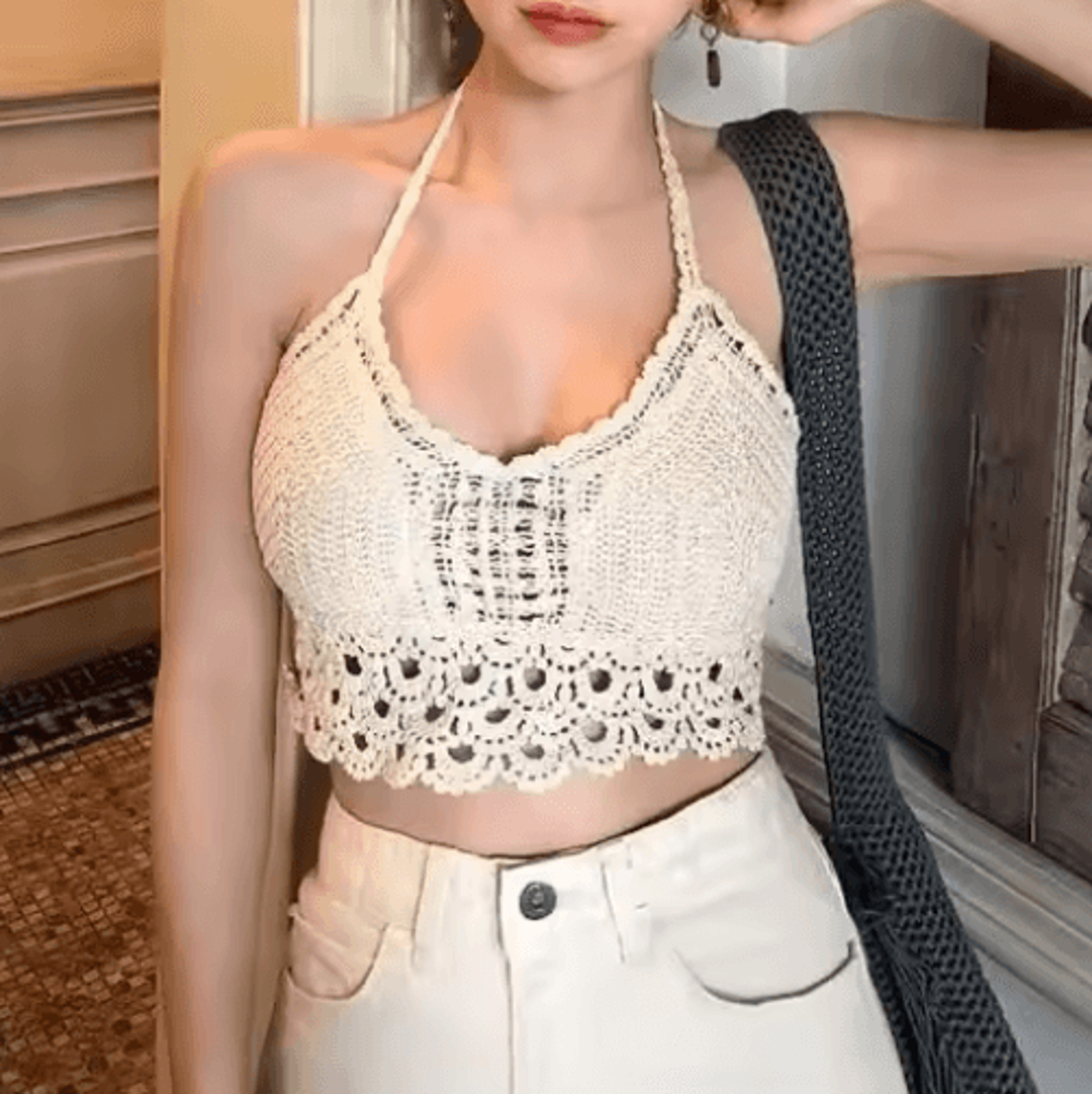 Lace Halter Crop Top With BuiltIn Bra  Retro Tassel Womens Beach Tank 10