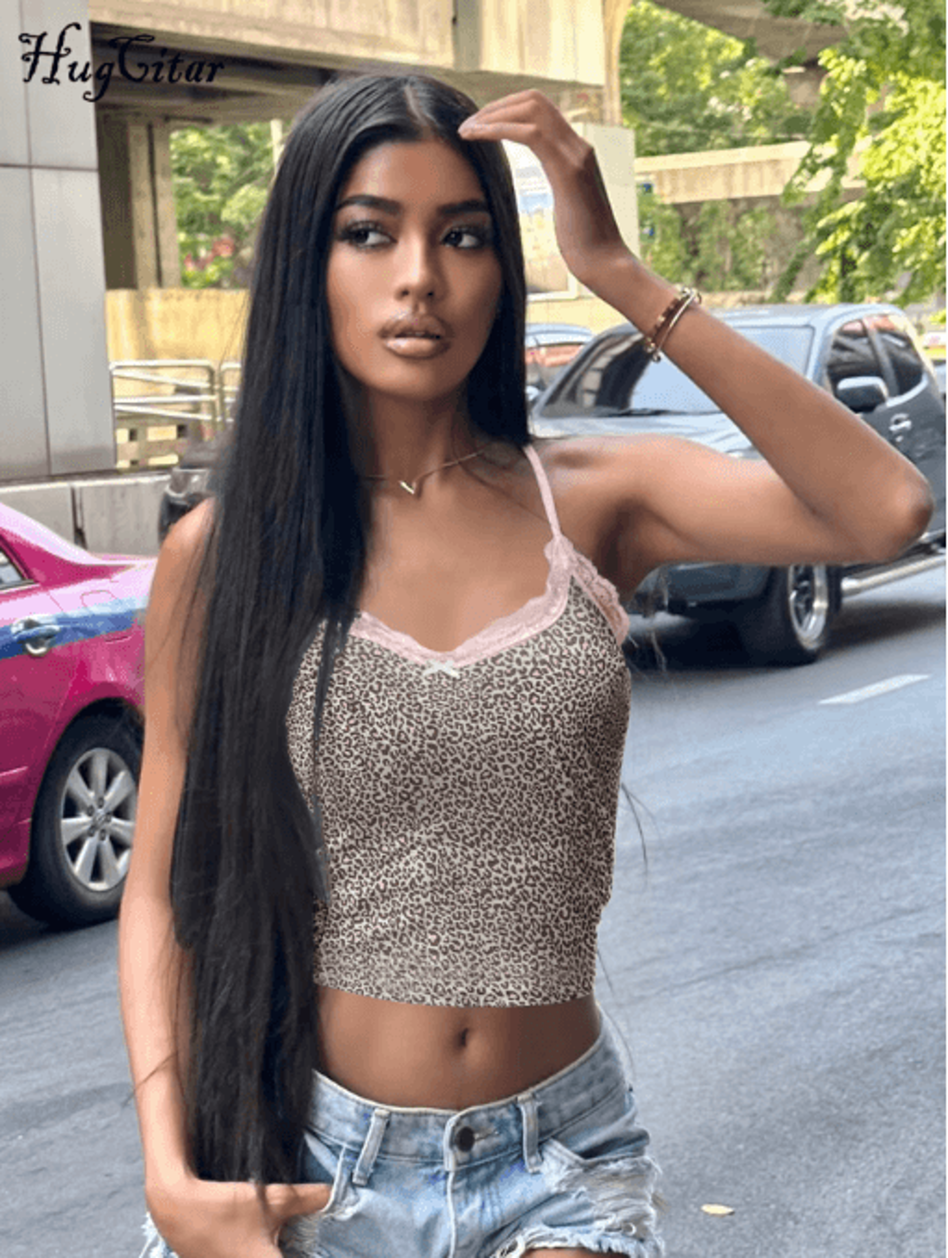 Hugcitar Leopard Print Lace Patchwork Crop Cami Y2K Slim Fit Festival Party Top 7