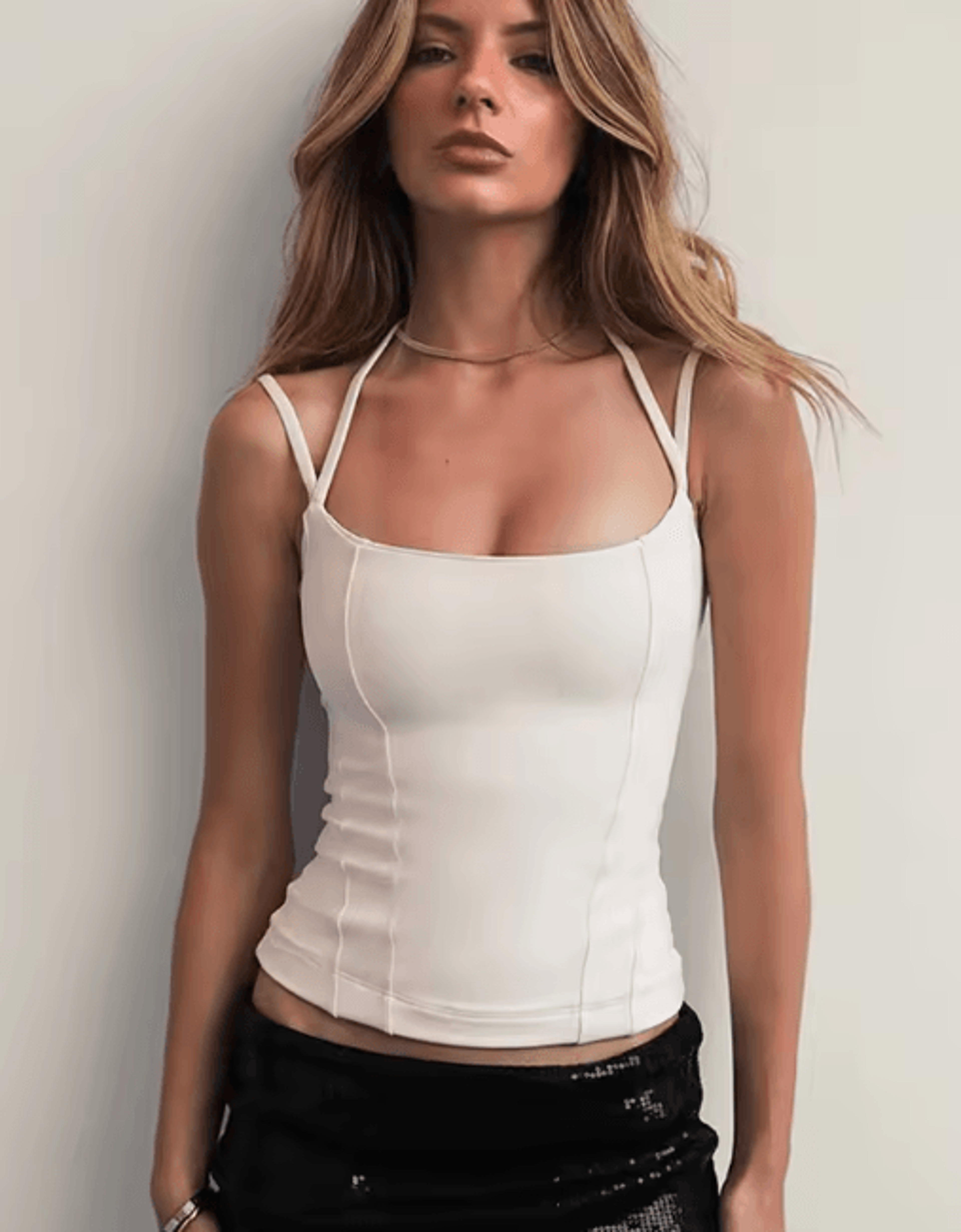 Womens Shoulder Bared Slim Fit Top Double Rope Strap Vest 0
