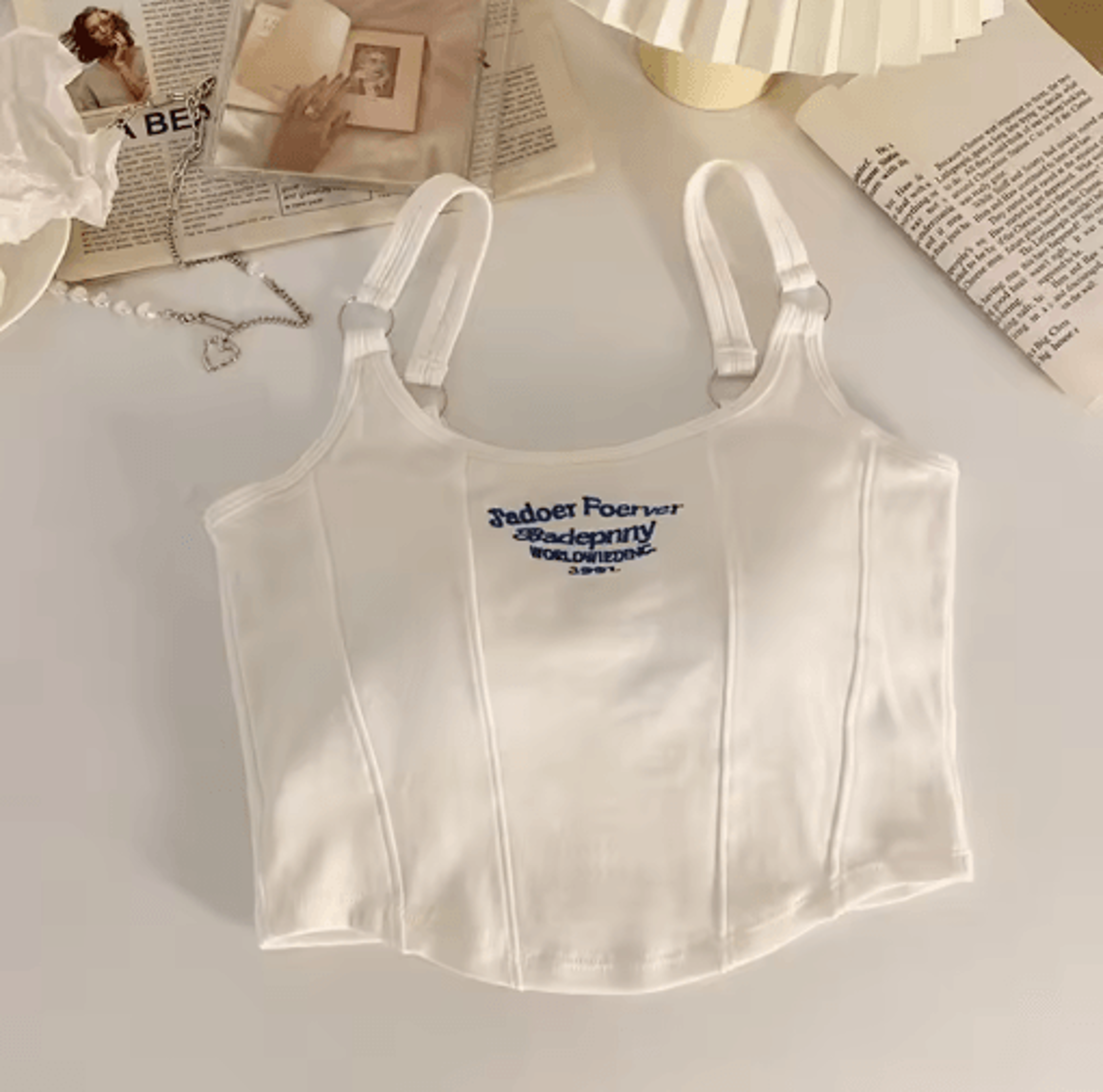 Womens Embroidered Letter Crop Top With Bra Pad And Iron Ring Detail 0