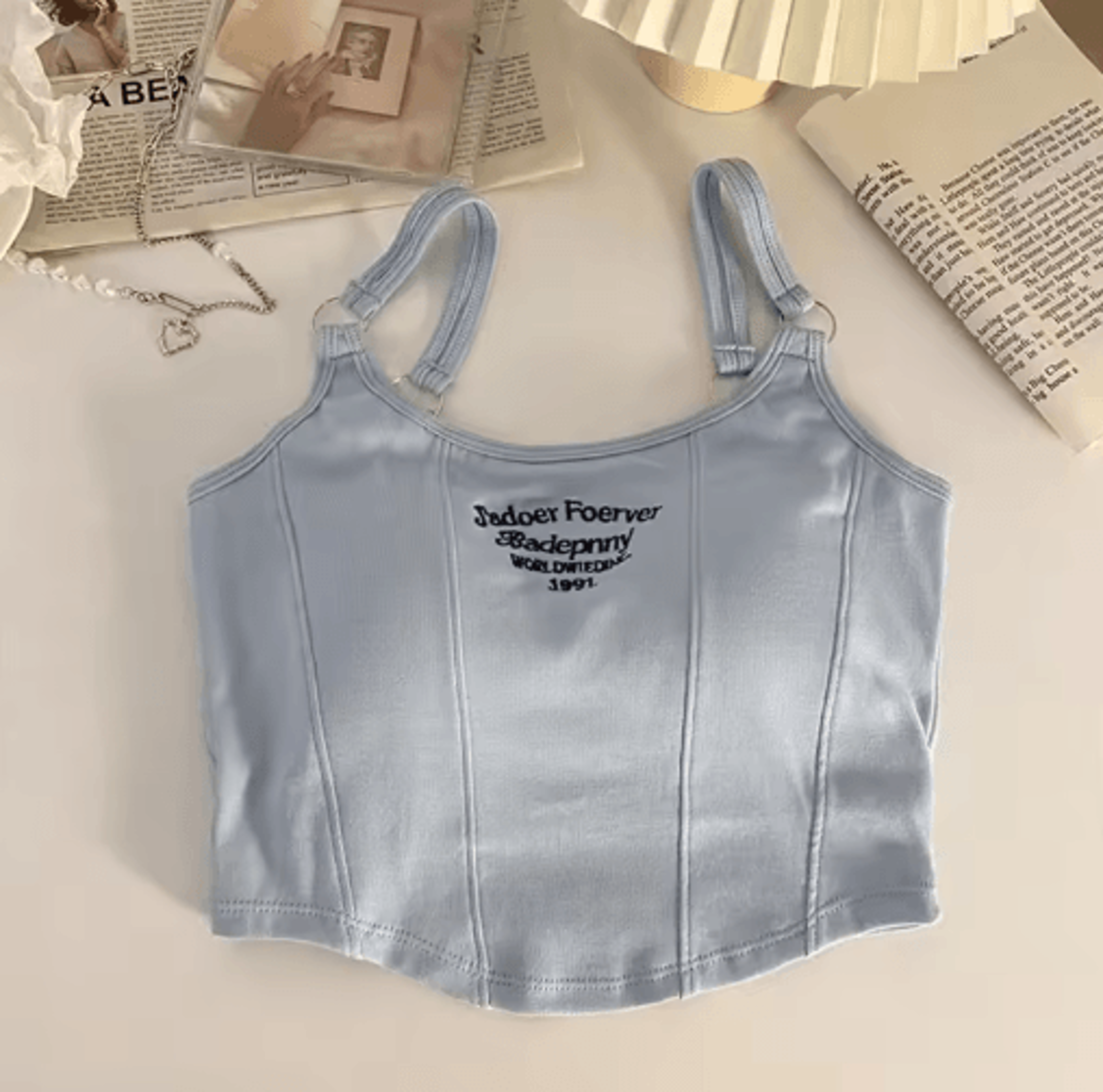 Womens Embroidered Letter Crop Top With Bra Pad And Iron Ring Detail 2
