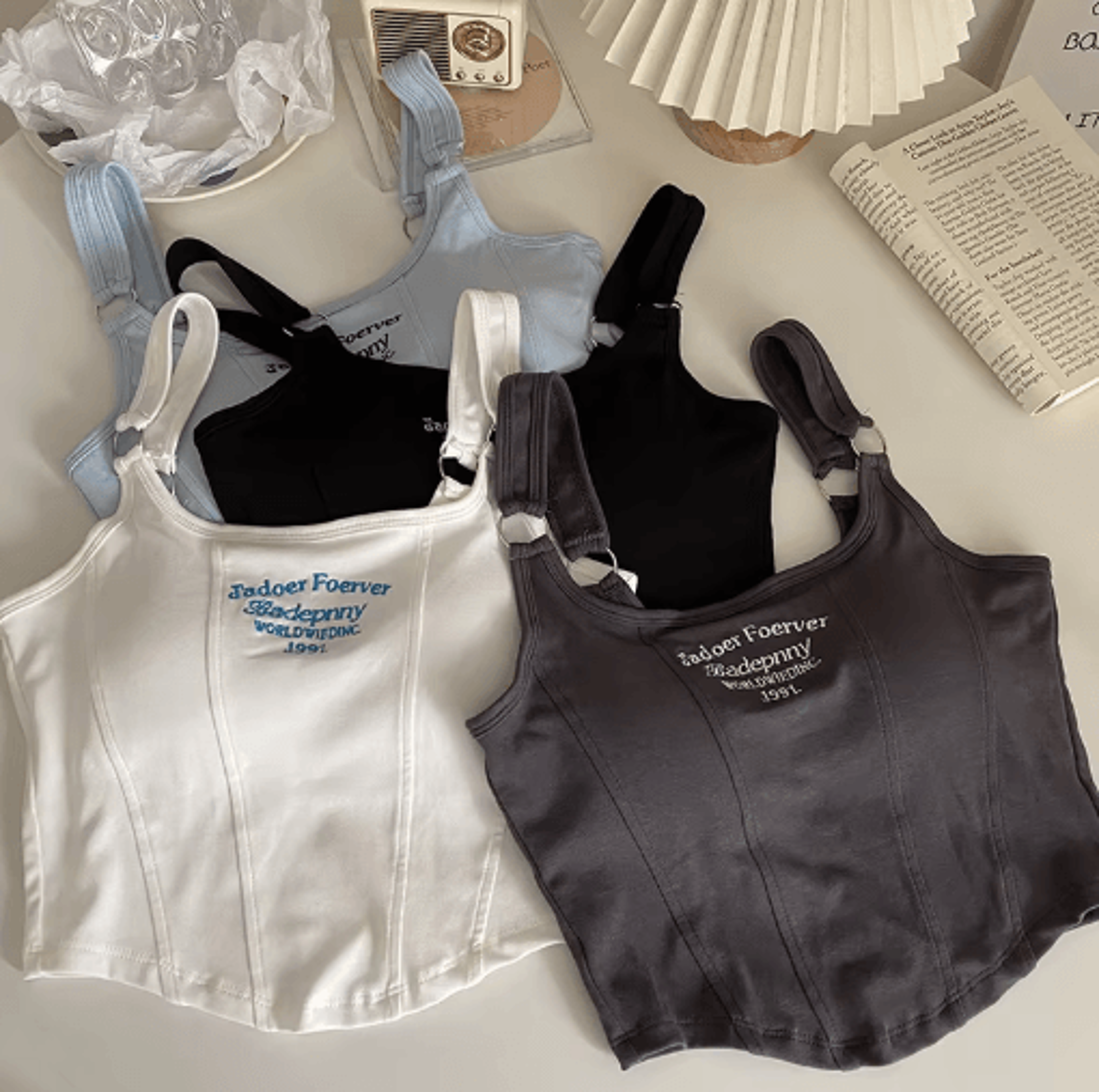 Womens Embroidered Letter Crop Top With Bra Pad And Iron Ring Detail 6