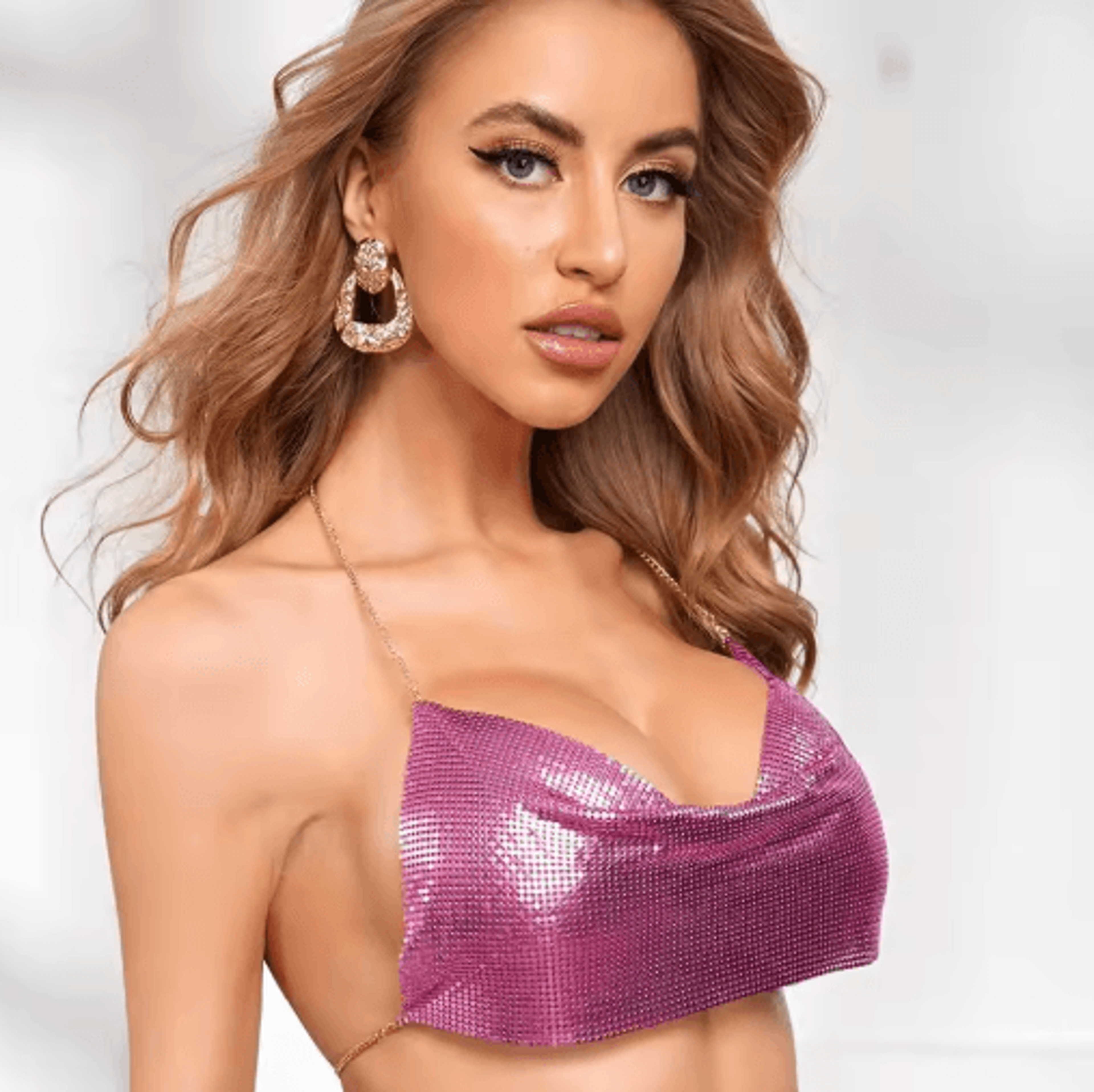 Womens Metallic Halter Crop Top Glitter Backless Corset Cami 0