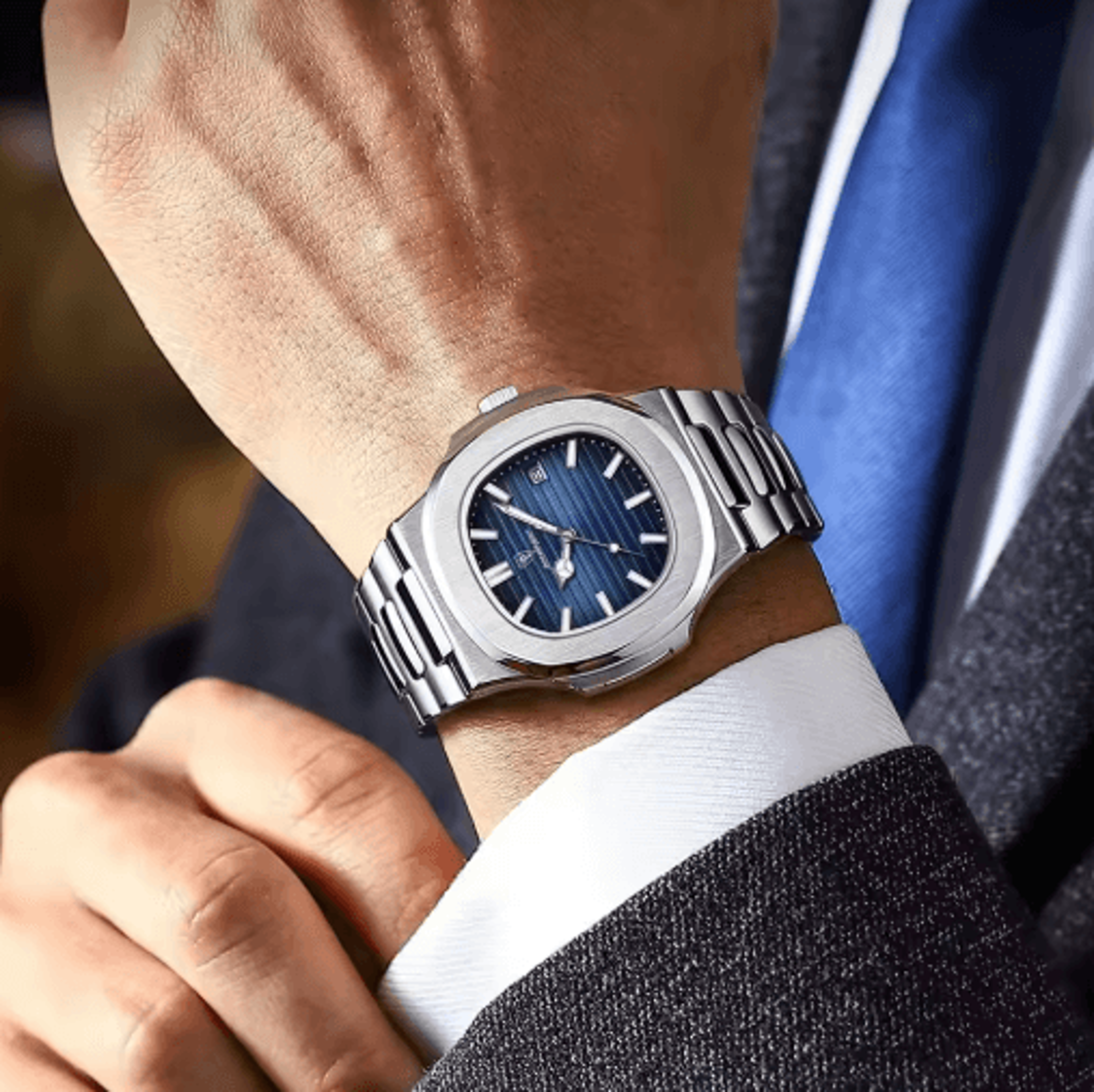 POEDAGAR Luxury Square Stainless Steel Quartz Watch For Men 0