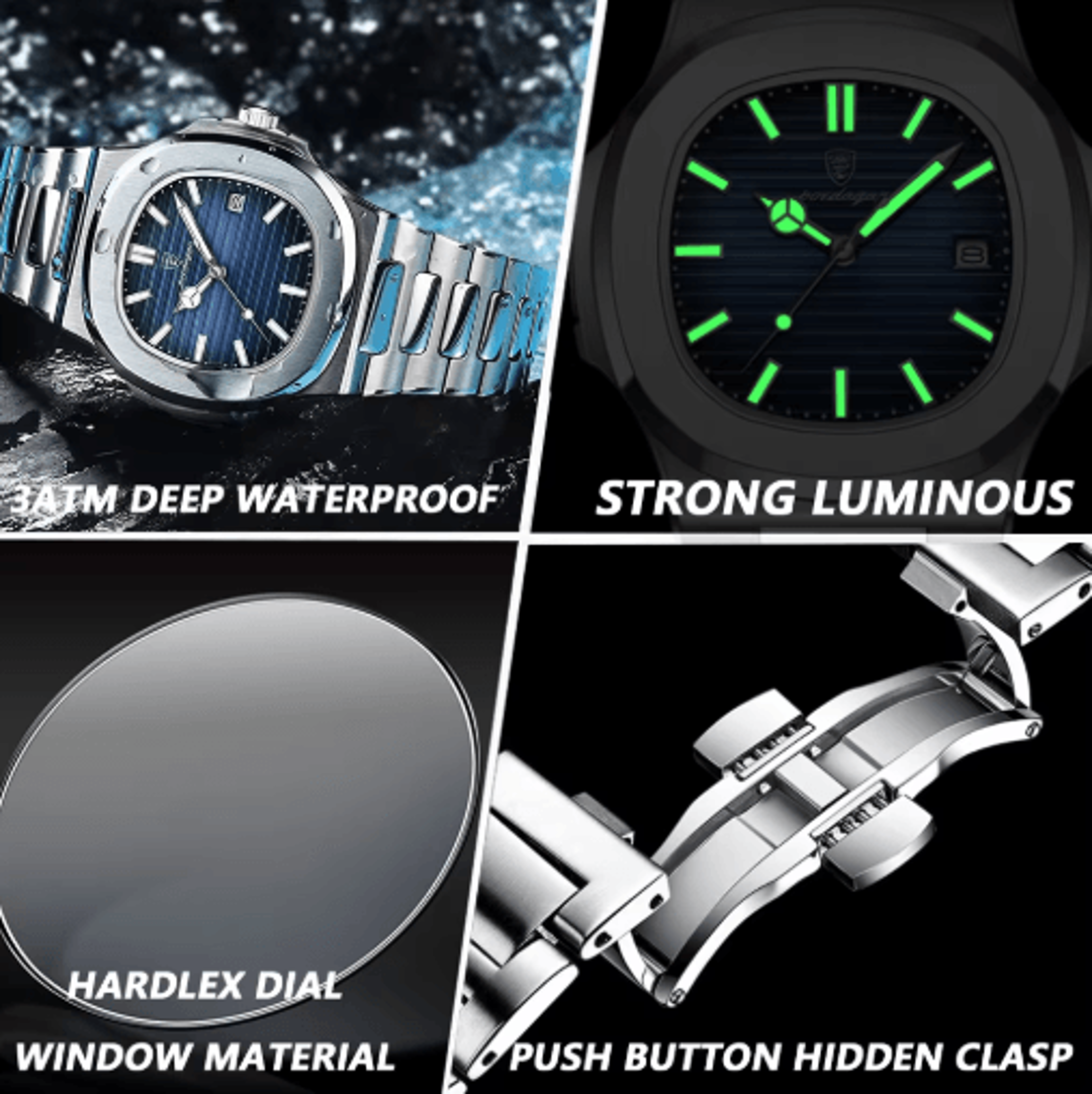 POEDAGAR Luxury Square Stainless Steel Quartz Watch For Men 5